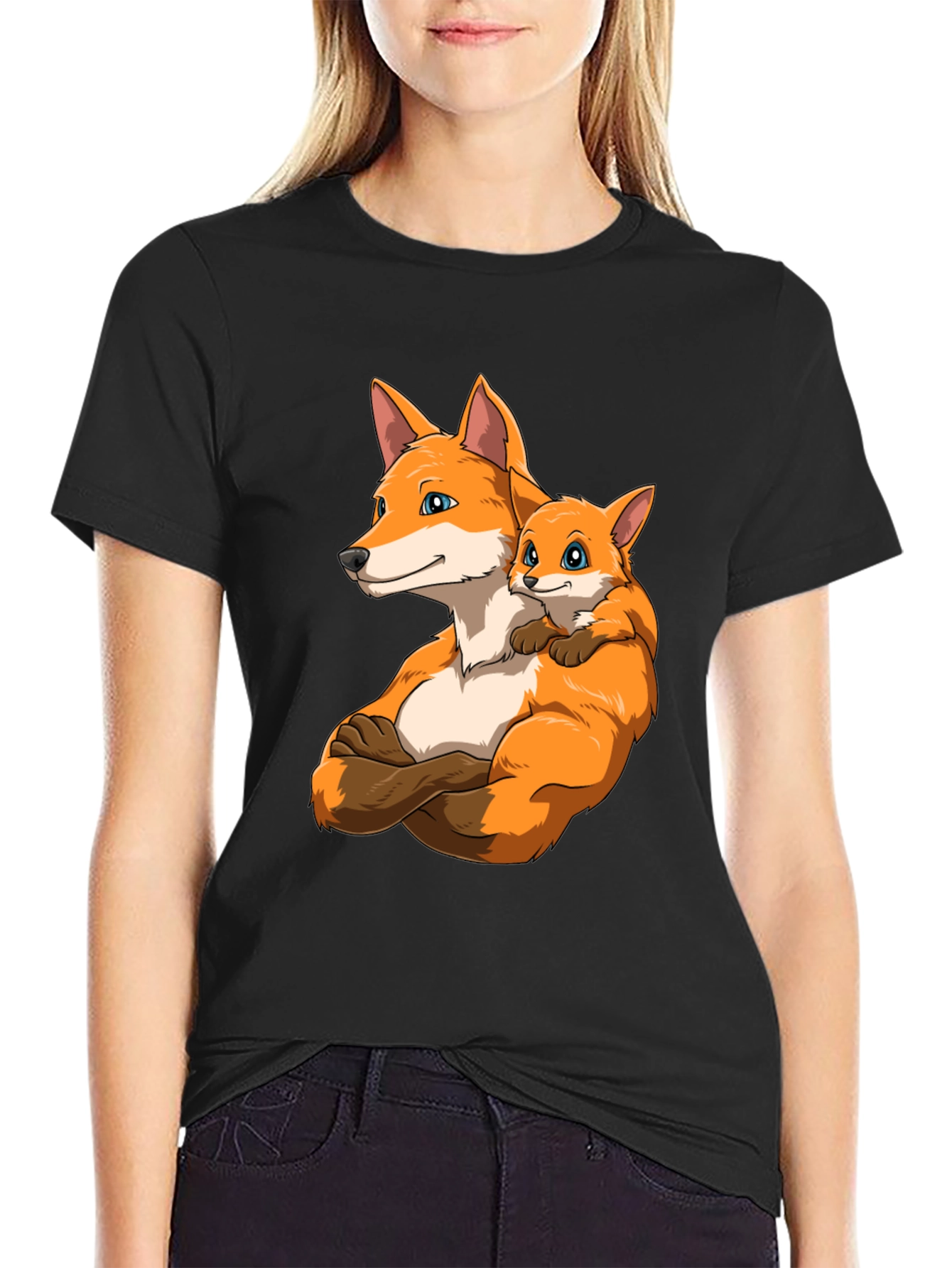Black Fox Family Black T-Shirt - Cute Cartoon Design view 2