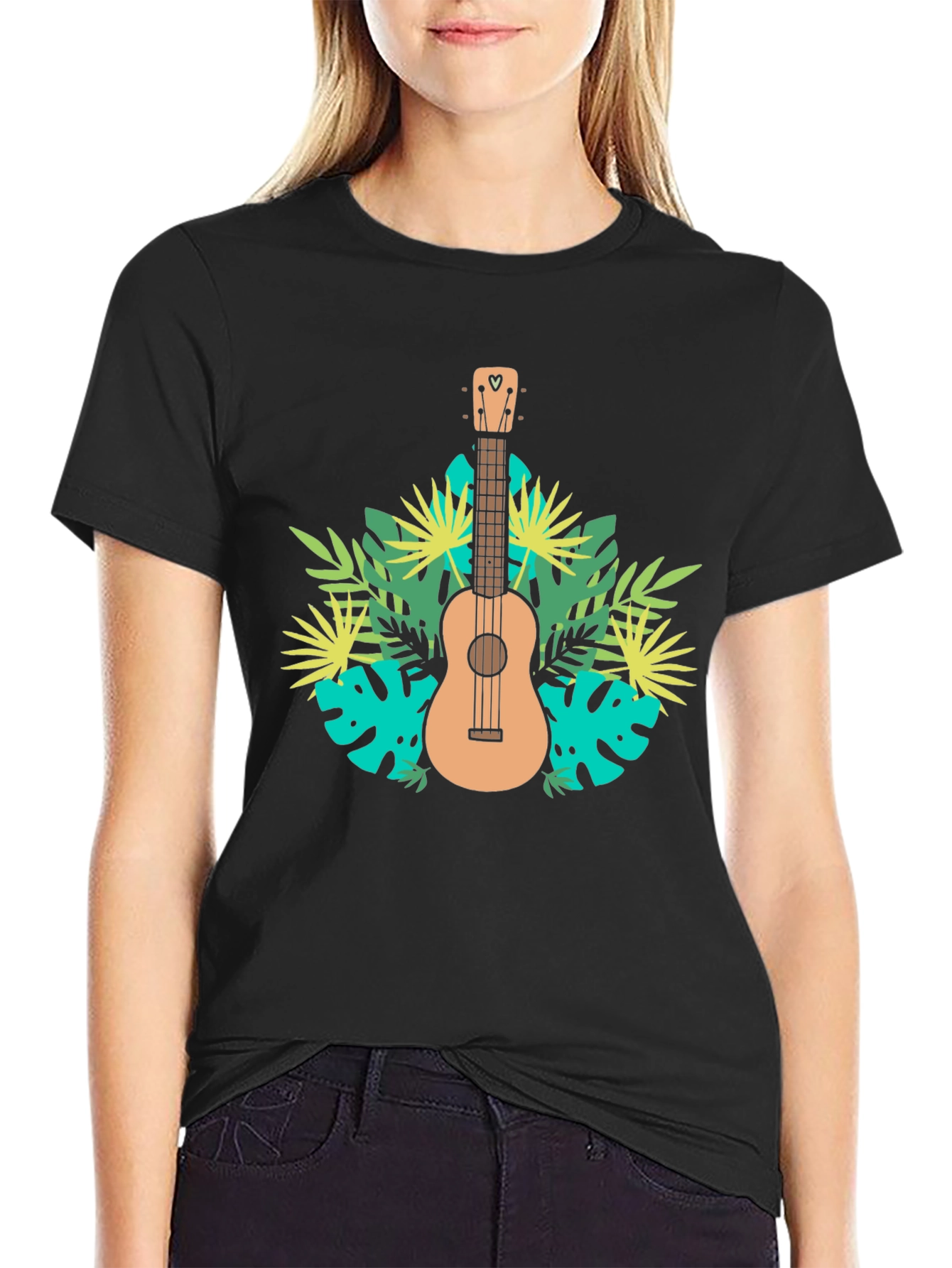 Black Tropical Ukulele Black T-Shirt view 2