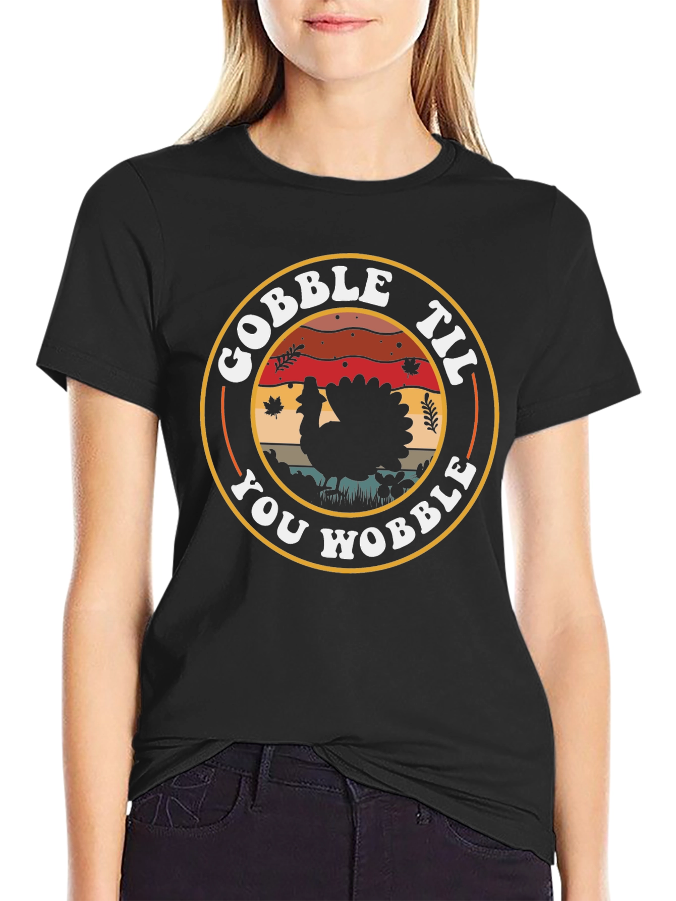 Black Gobble Til You Wobble Thanksgiving Turkey T-Shirt view 2
