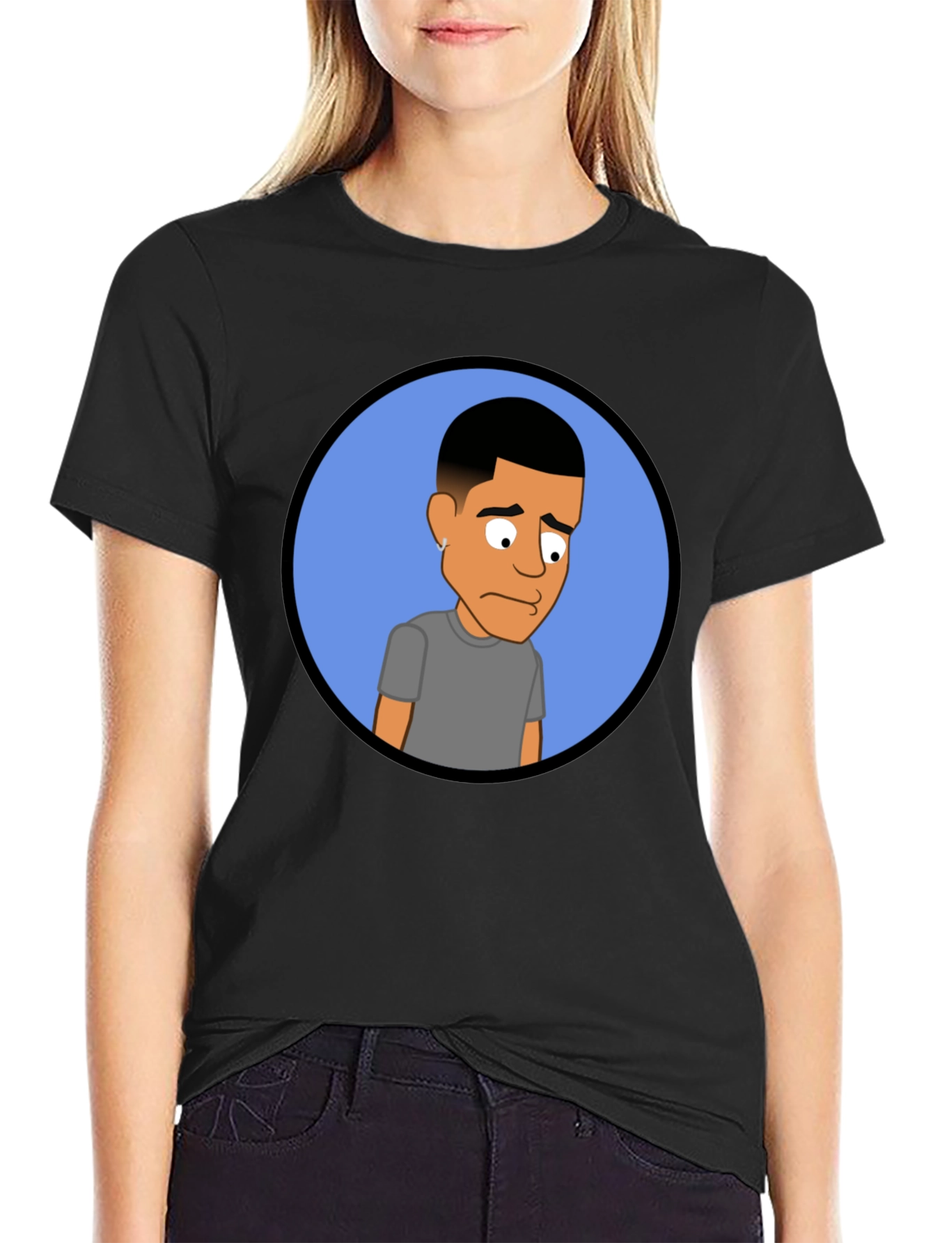 Black Cartoon Portrait Black Tee view 2