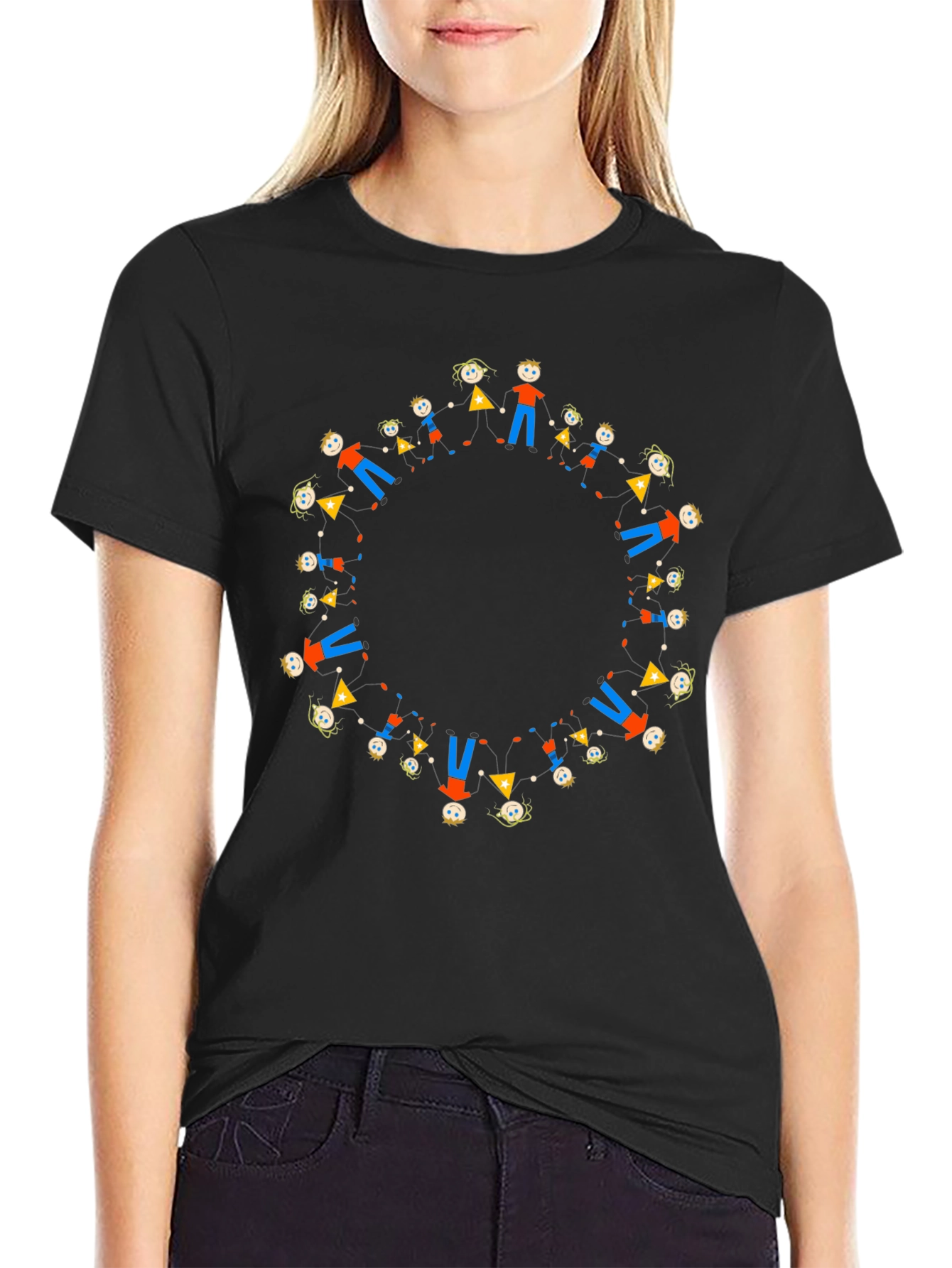 Black Tee with Circle of People Graphic - 2