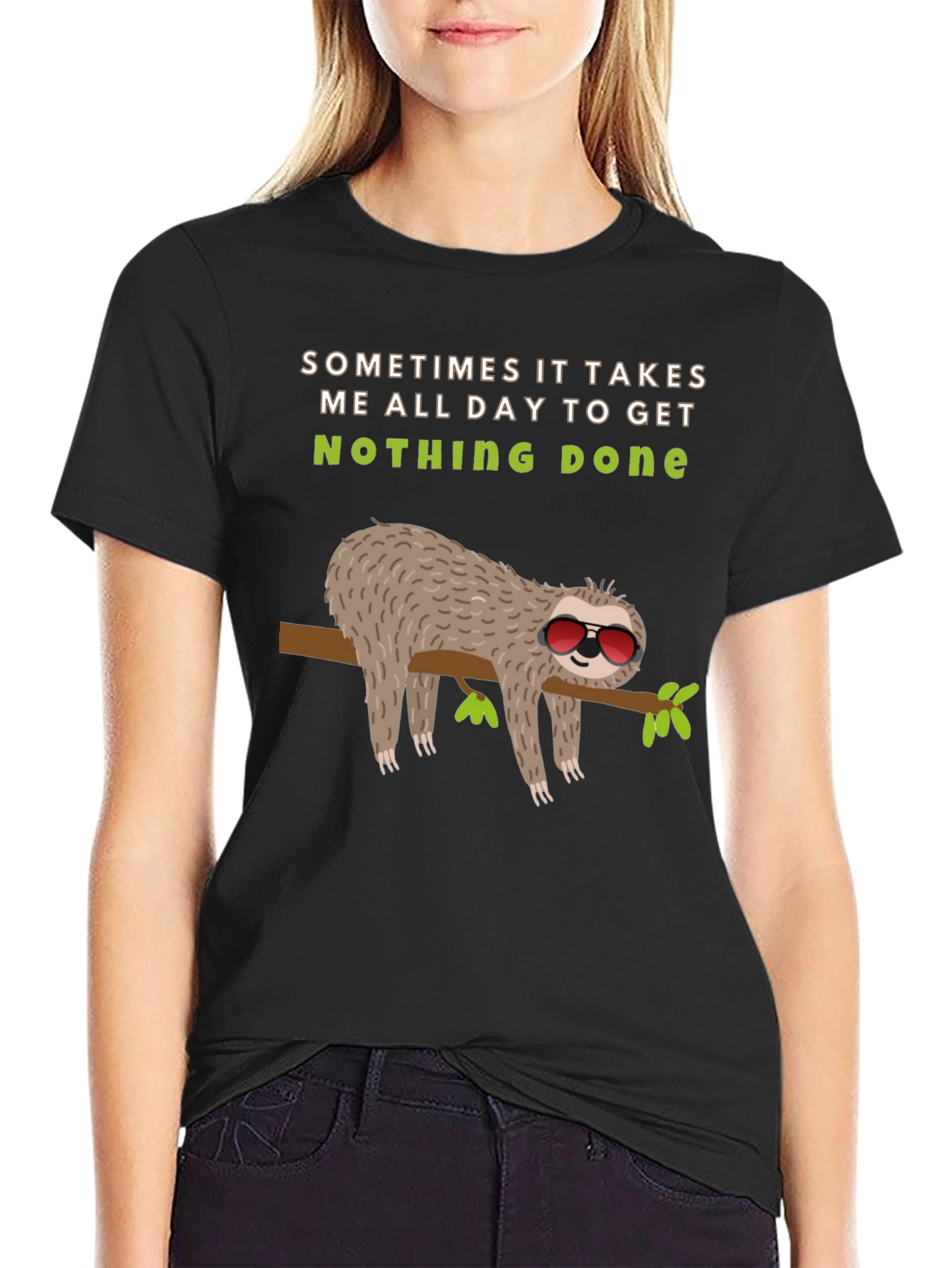 Black Lazy Sloth Graphic Tee -  'Nothing Done' Relaxed T-Shirt view 2