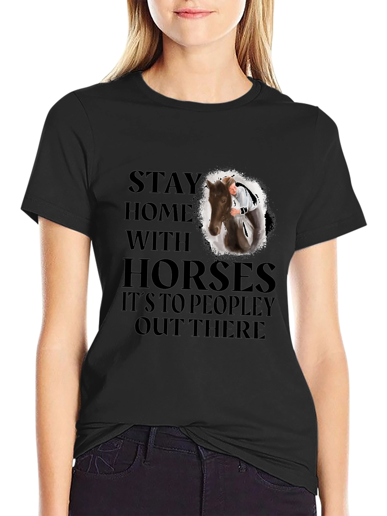 Black Stay Home With Horses Graphic Tee view 2
