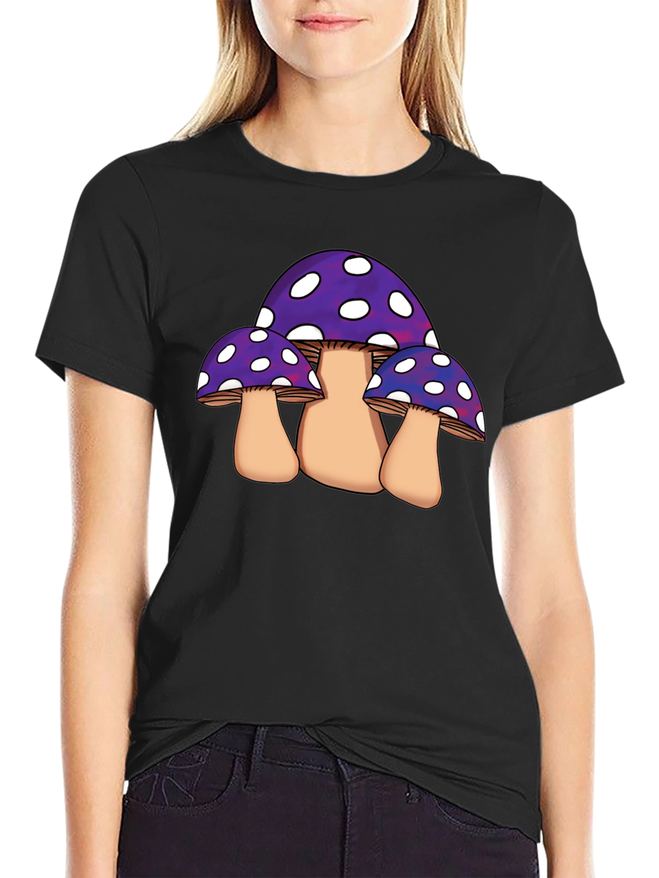 Black Funky Mushroom Graphic Tee - Black Cotton Blend view 2