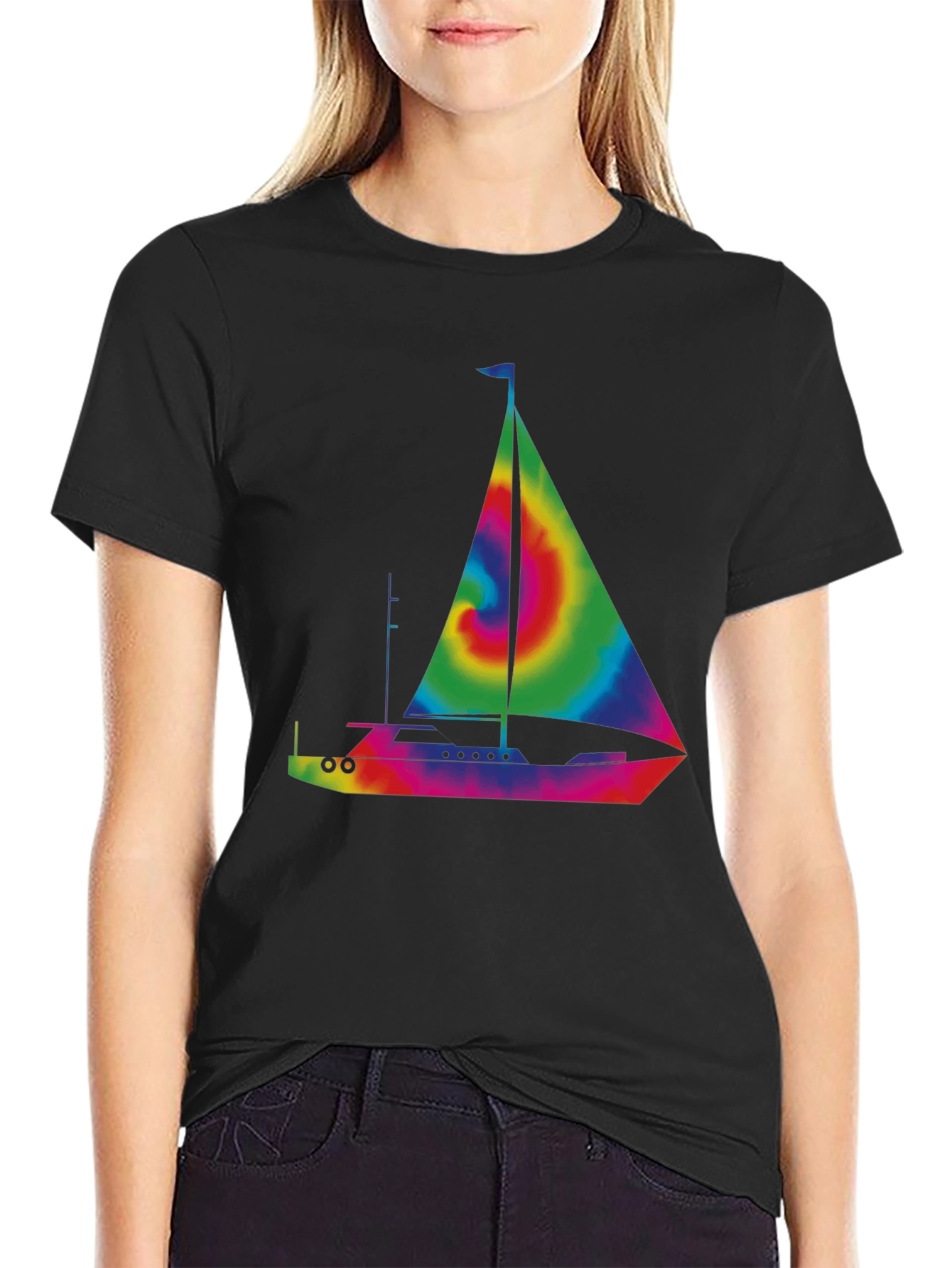 Black Tie-Dye Sailboat Graphic T-Shirt - Black view 2