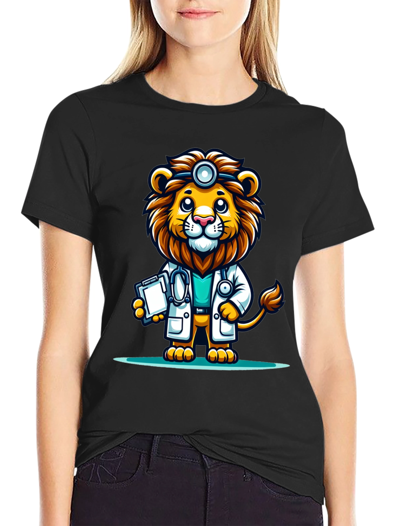 Black Lion Doctor Graphic Tee - Cute Cartoon Animal T-Shirt view 2