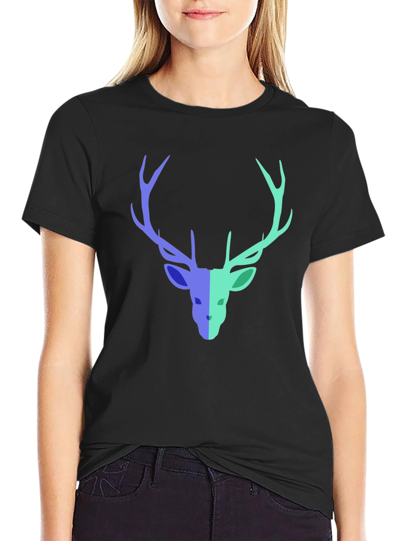 Black Stag Graphic Tee - Modern Deer Design Black T-Shirt view 2