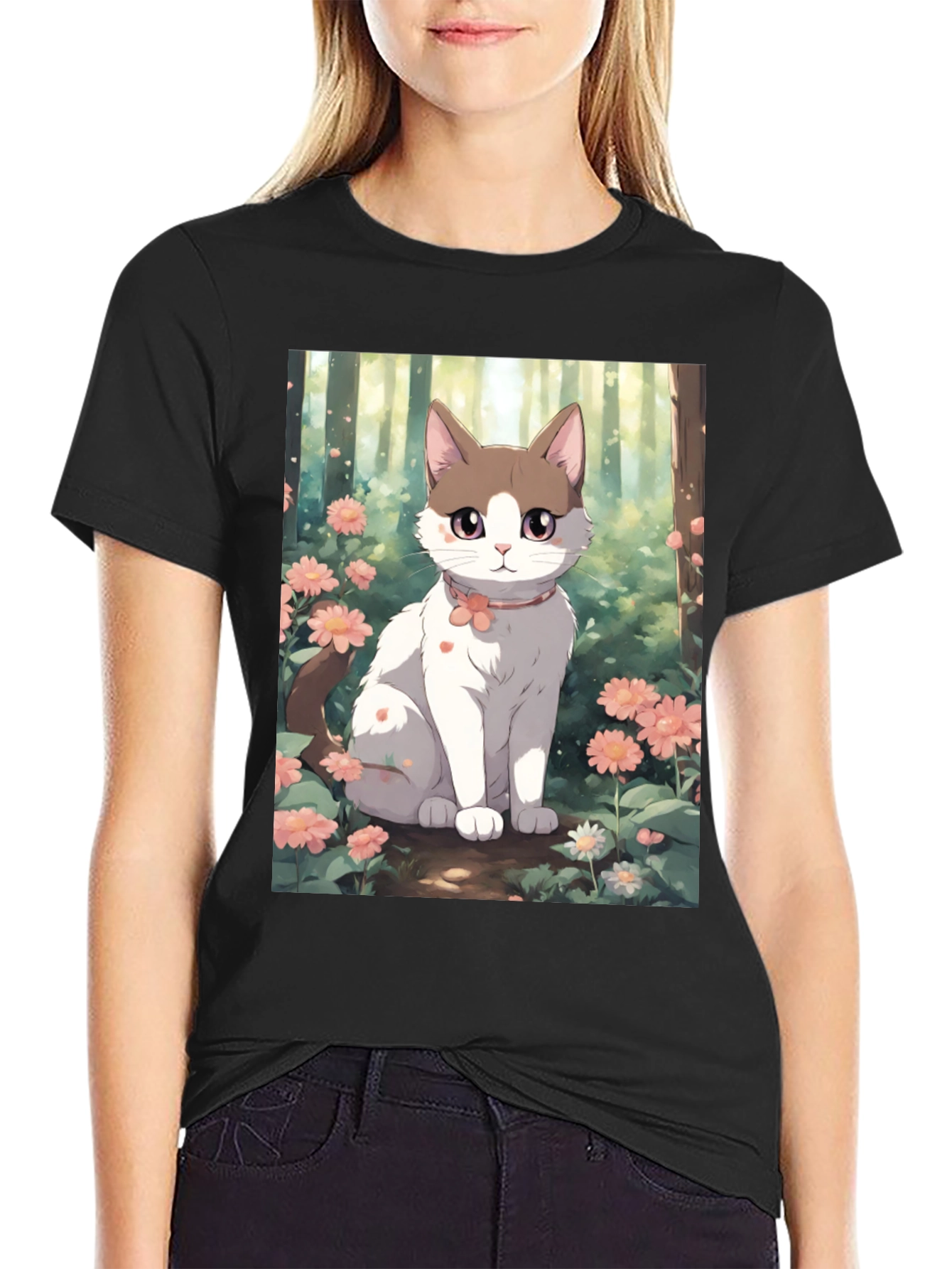 Black Anime Cat Floral T-Shirt view 2