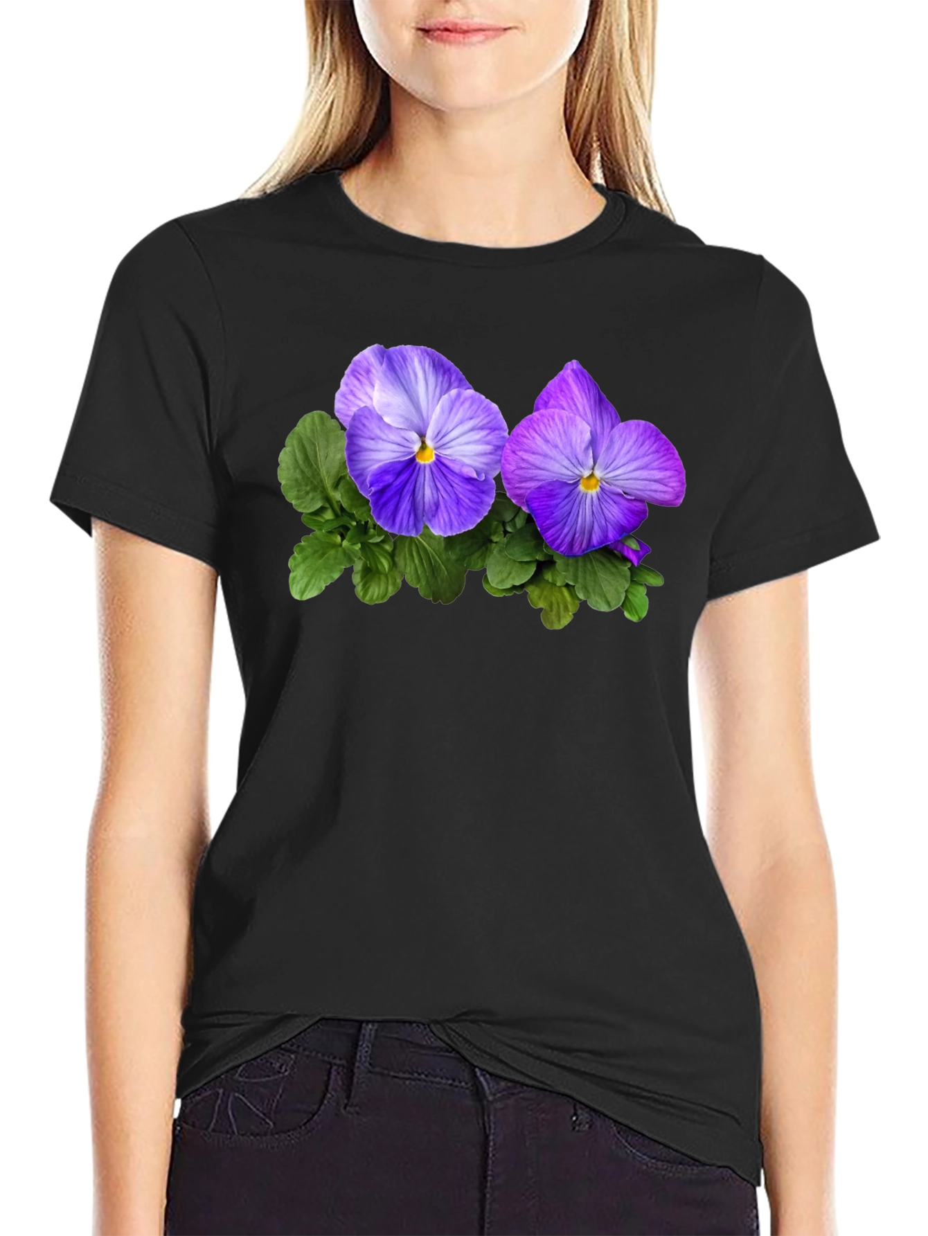 Black Floral Pansy Graphic Tee - Black view 2