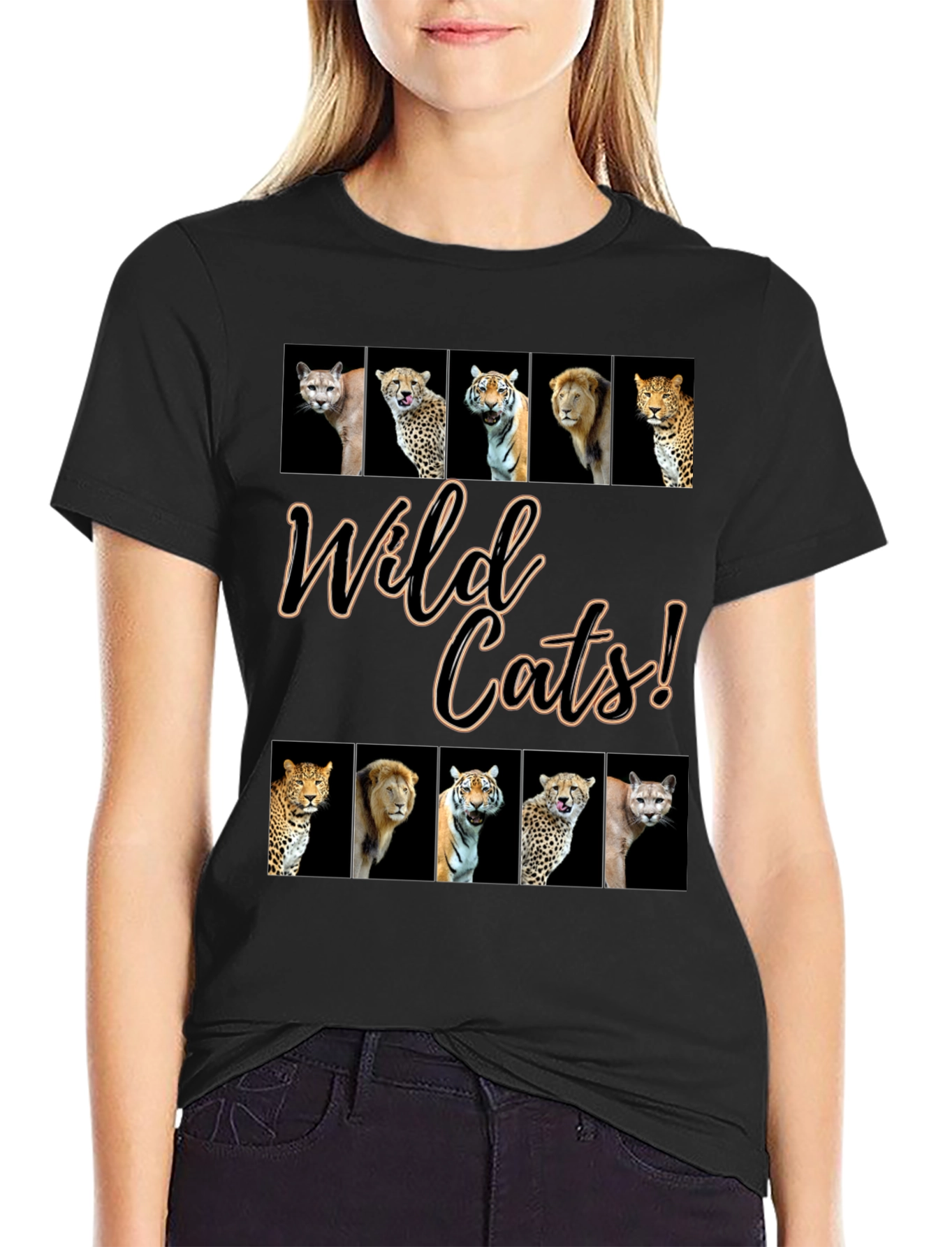 Black Wild Cats Graphic Print T-Shirt view 2