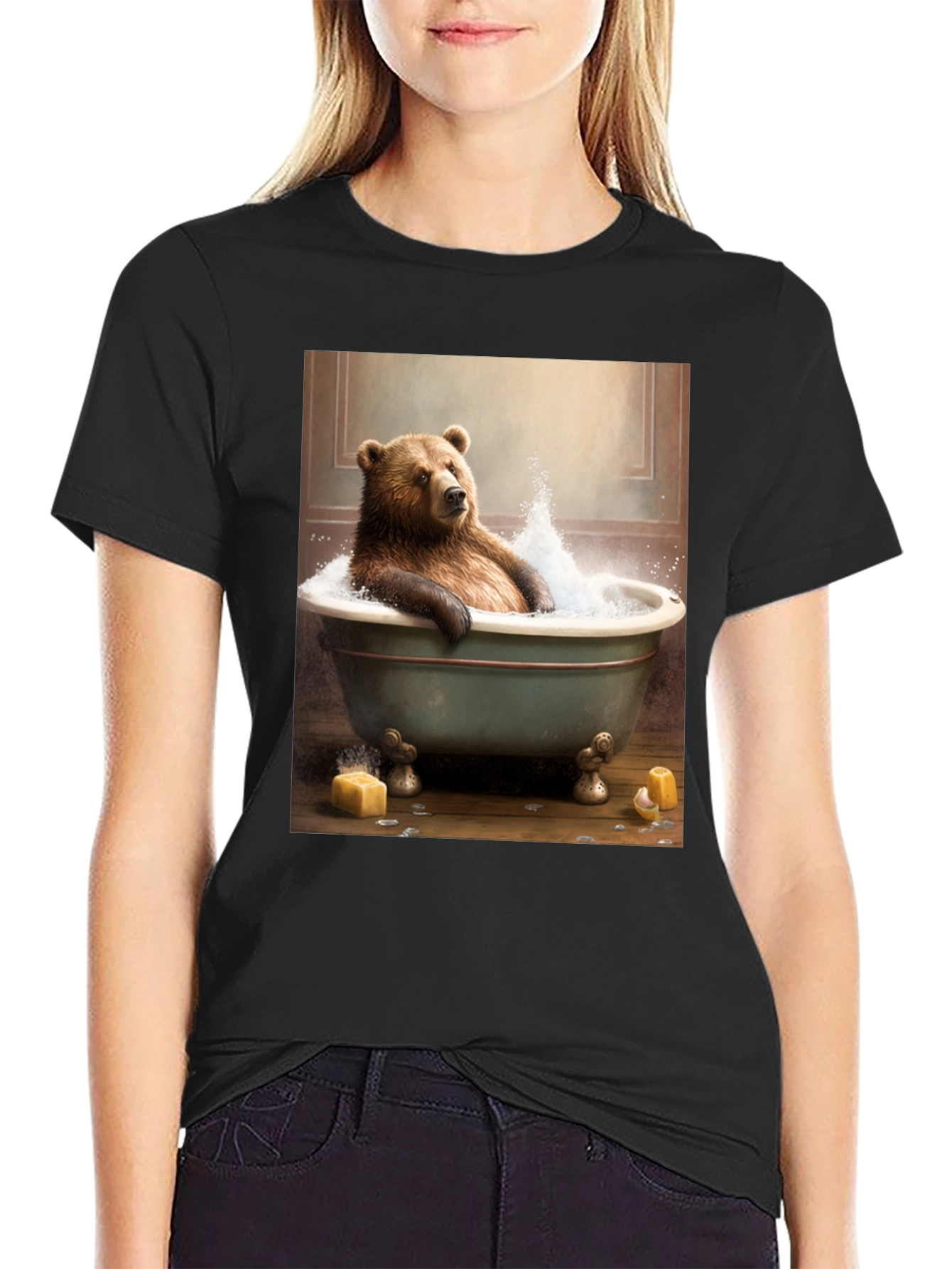 Black Bear in Tub T-Shirt - Humorous Animal Graphic Tee view 2