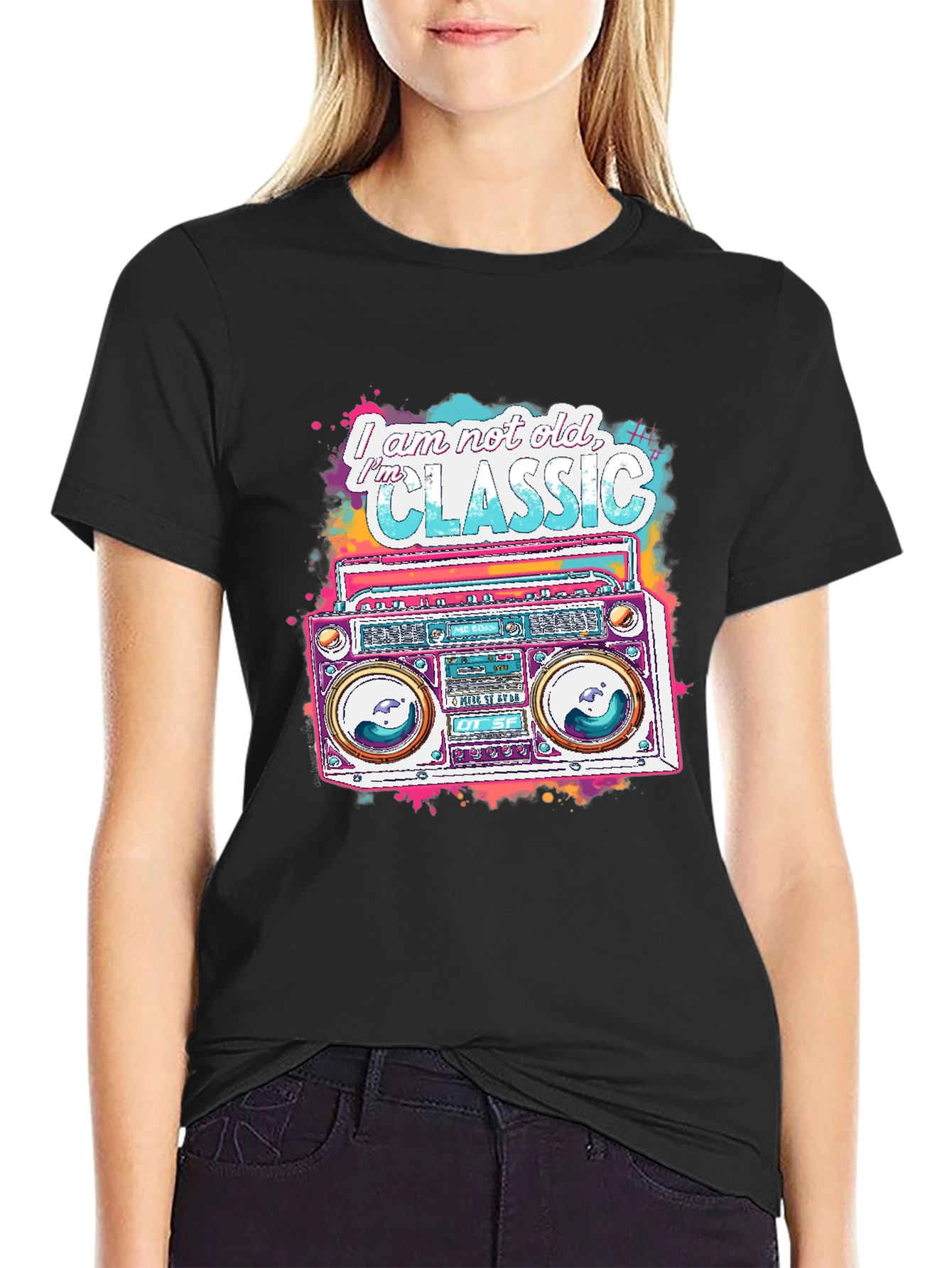 Black Retro Boombox Graphic Tee - I am not old, I'm Classic view 2