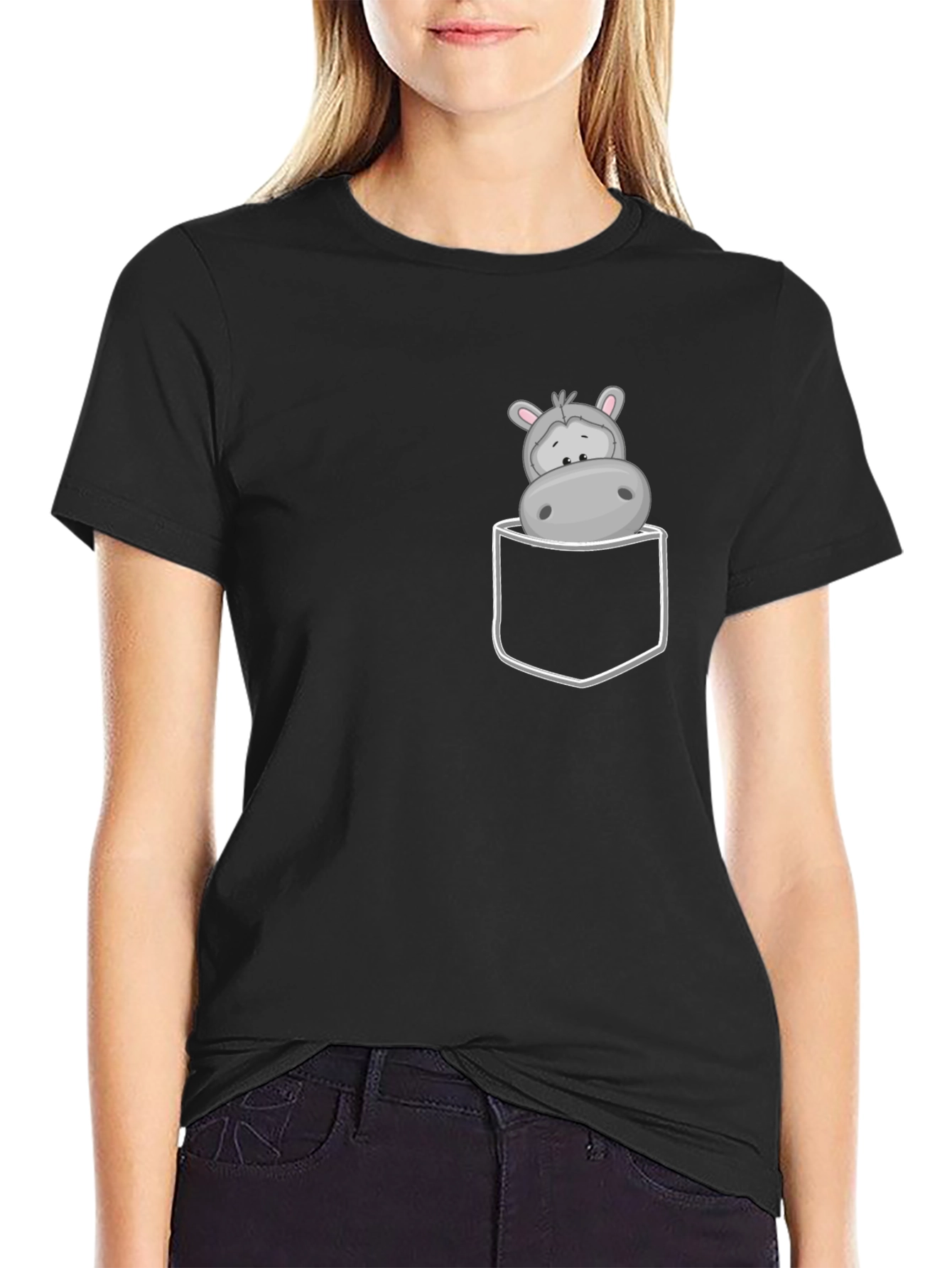 Black Hippo Pocket Tee - Cute Cartoon Graphic view 2