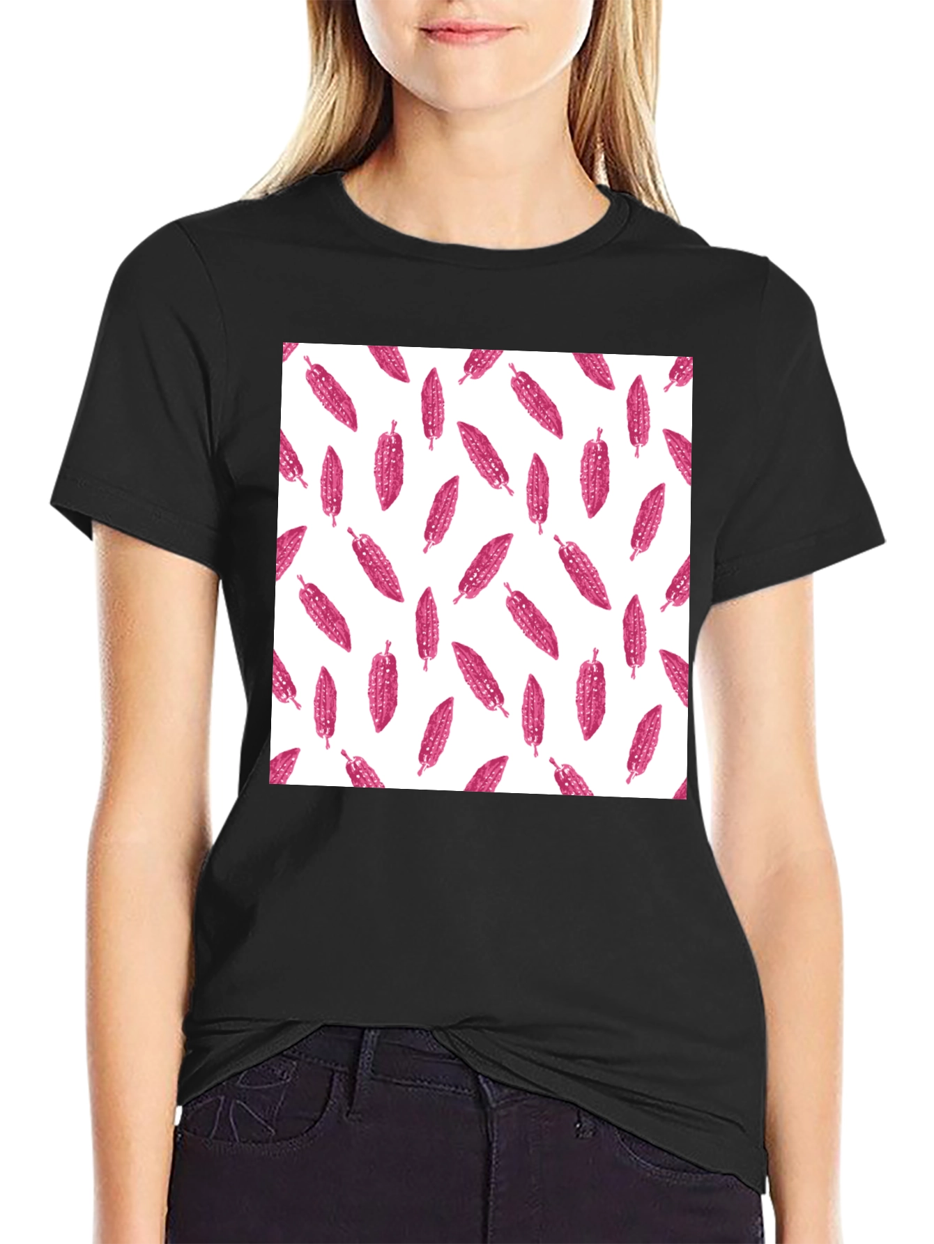Black Black Tee with Pink Corn Pattern view 2
