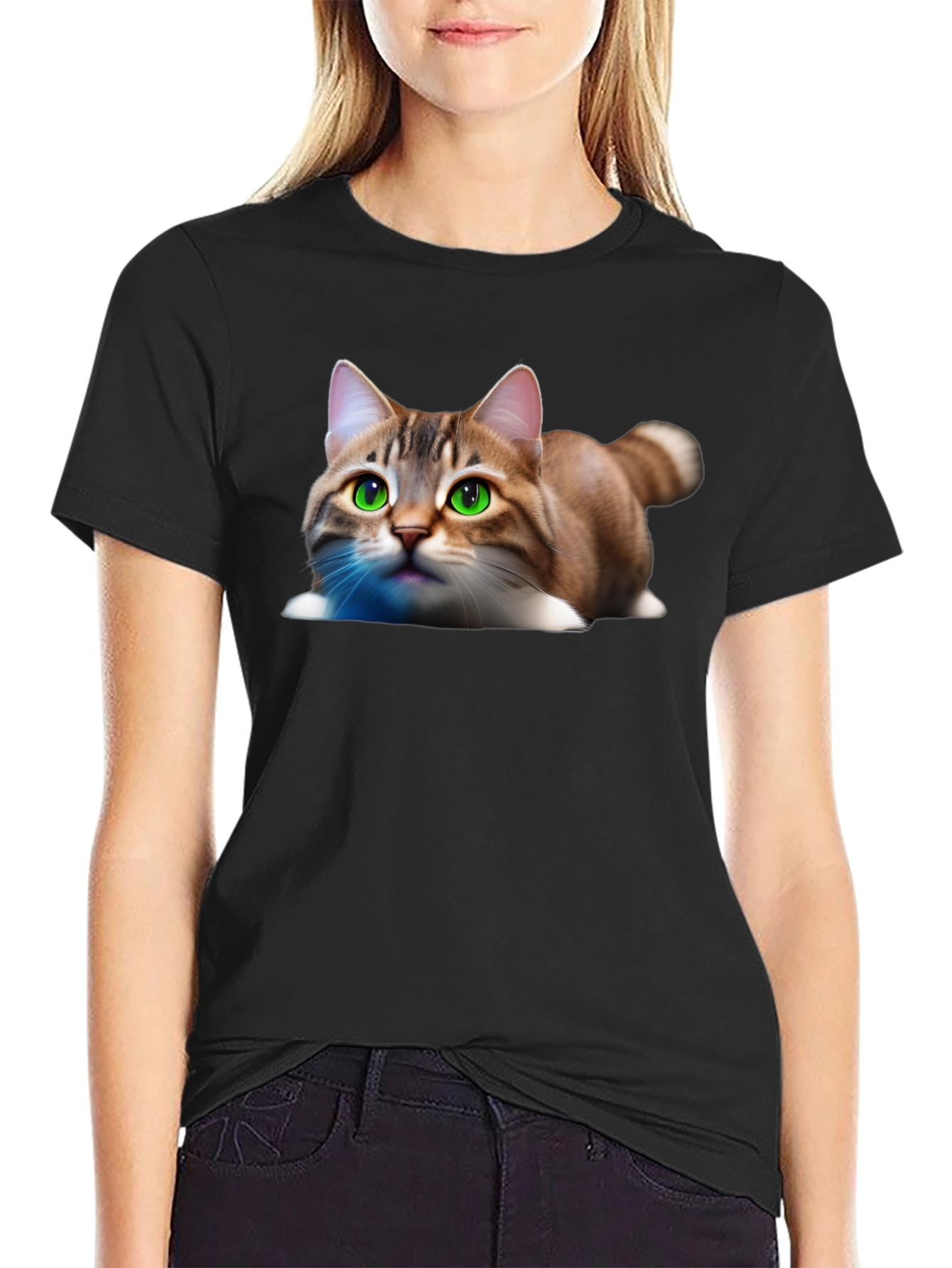 Black Cute Cat Graphic Tee - Soft Cotton Blend Shirt view 2