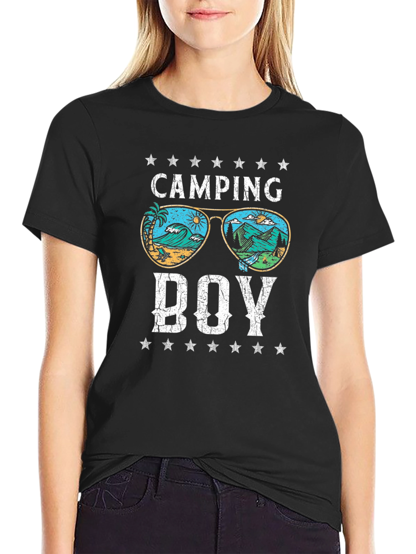 Black Camping Boy T-Shirt - Retro Summer Vibes view 2