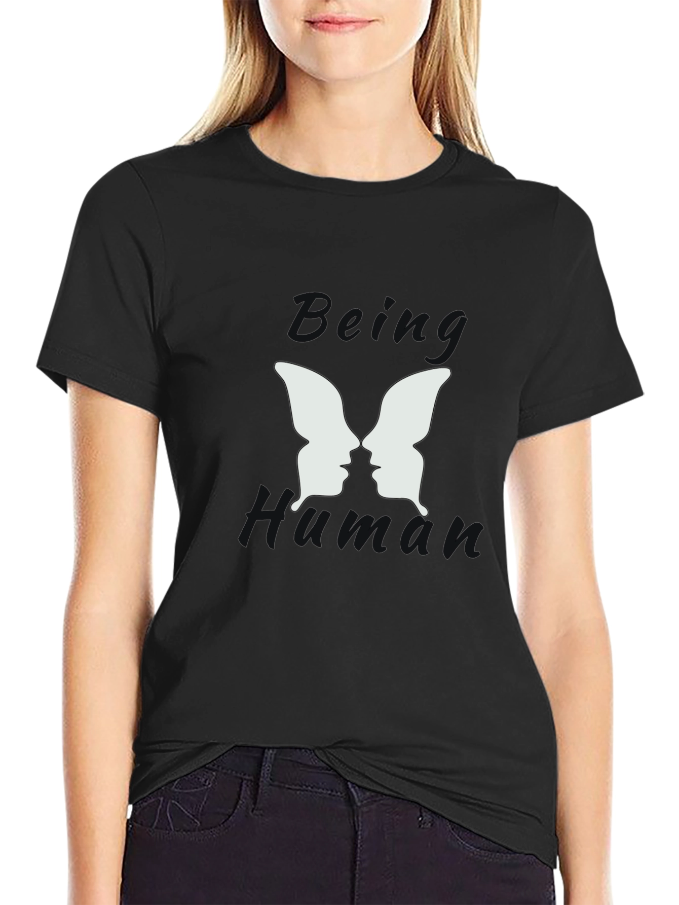 Black Being Human Black Graphic T-Shirt - Butterfly Face Design view 2