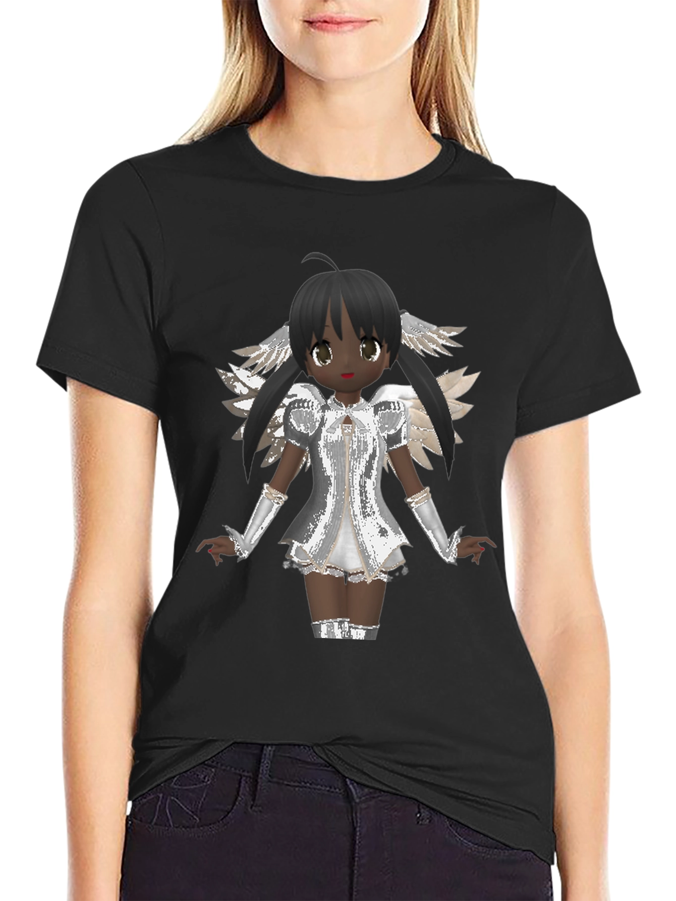 Black Anime Angel Graphic T-Shirt - Black Cotton Tee view 2