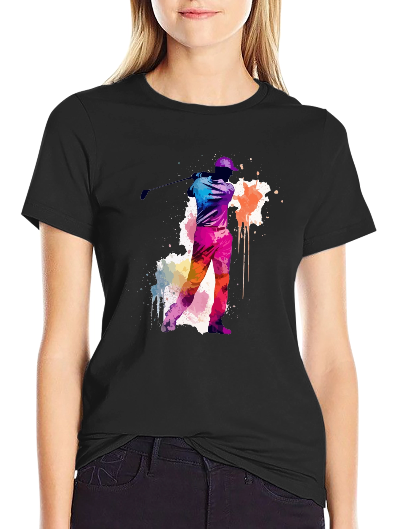 Black Golfing Watercolor Tee - Black Cotton T-Shirt view 2