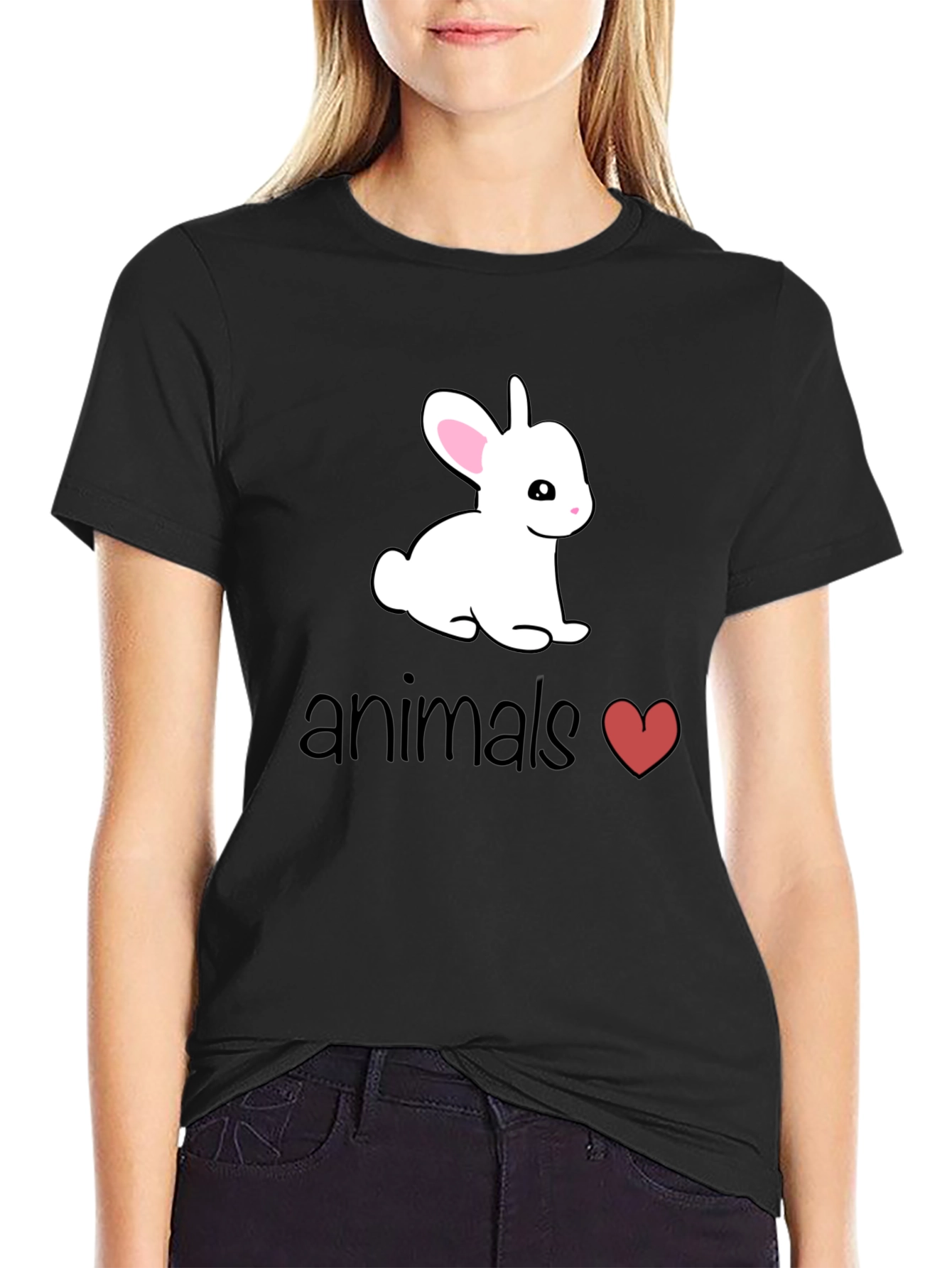 Black Cute Bunny Animals Heart T-Shirt view 2