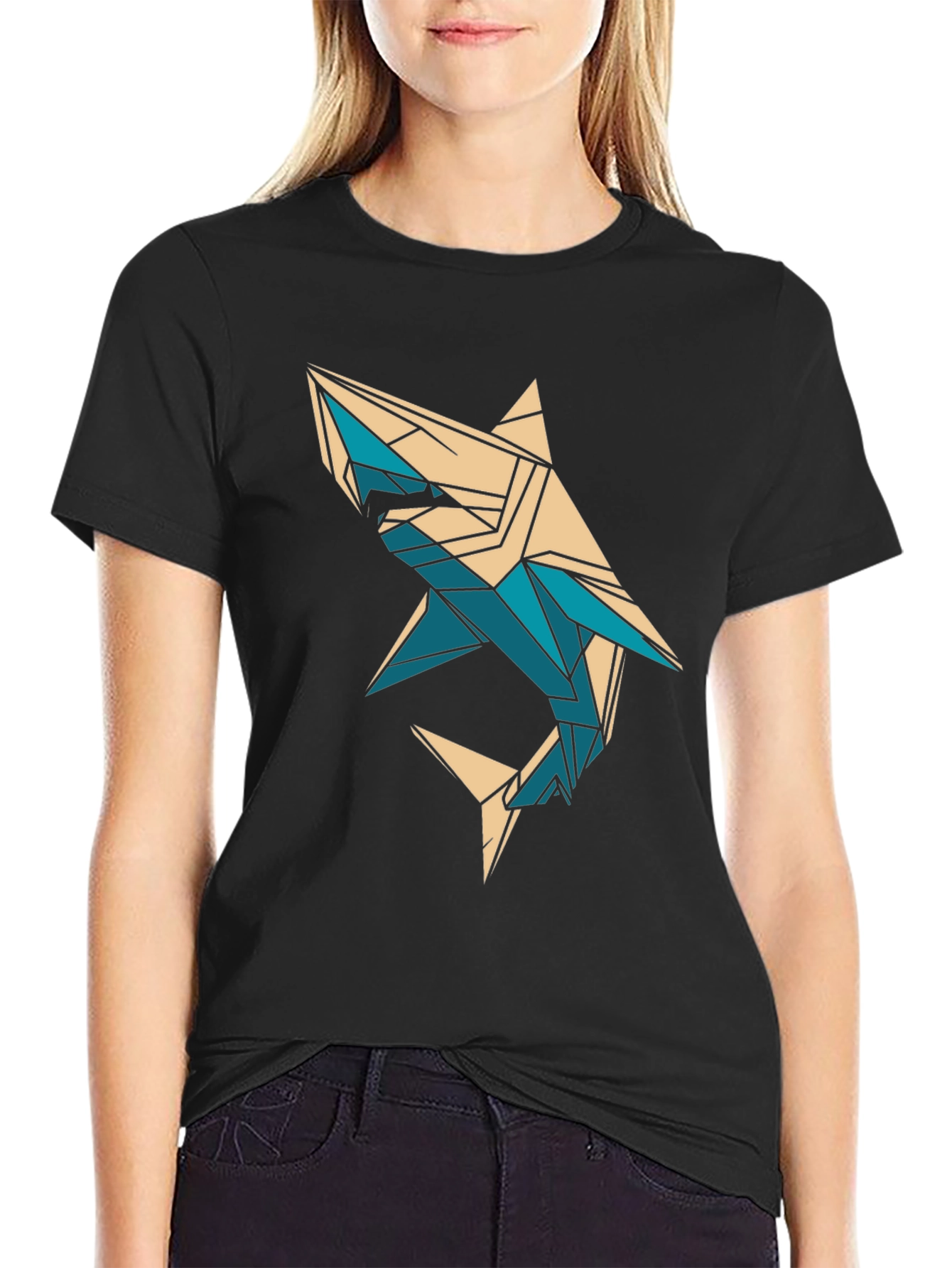 Black Geometric Shark Graphic T-Shirt - Black view 2