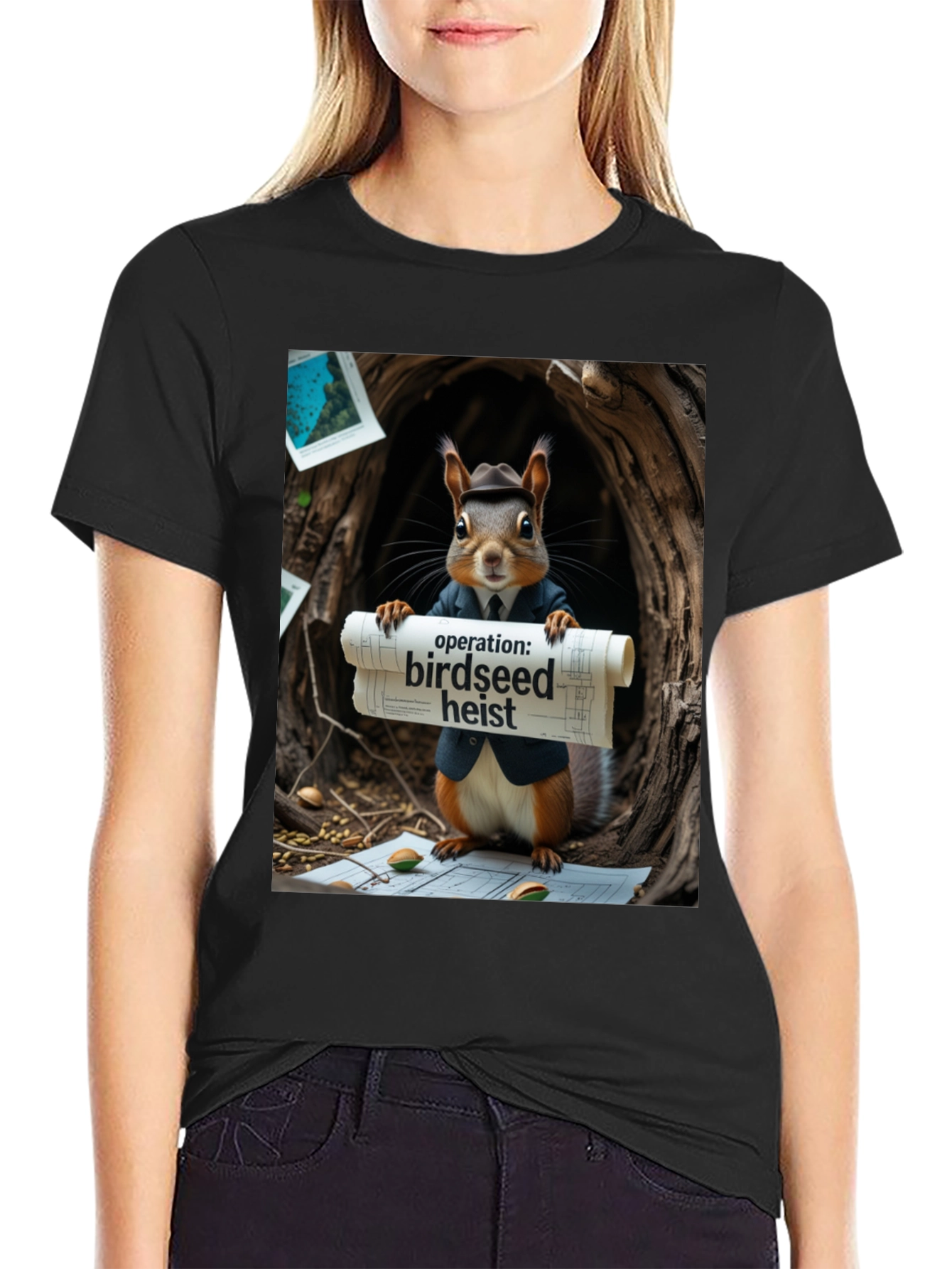 Black Birdseed Heist Squirrel T-Shirt view 2