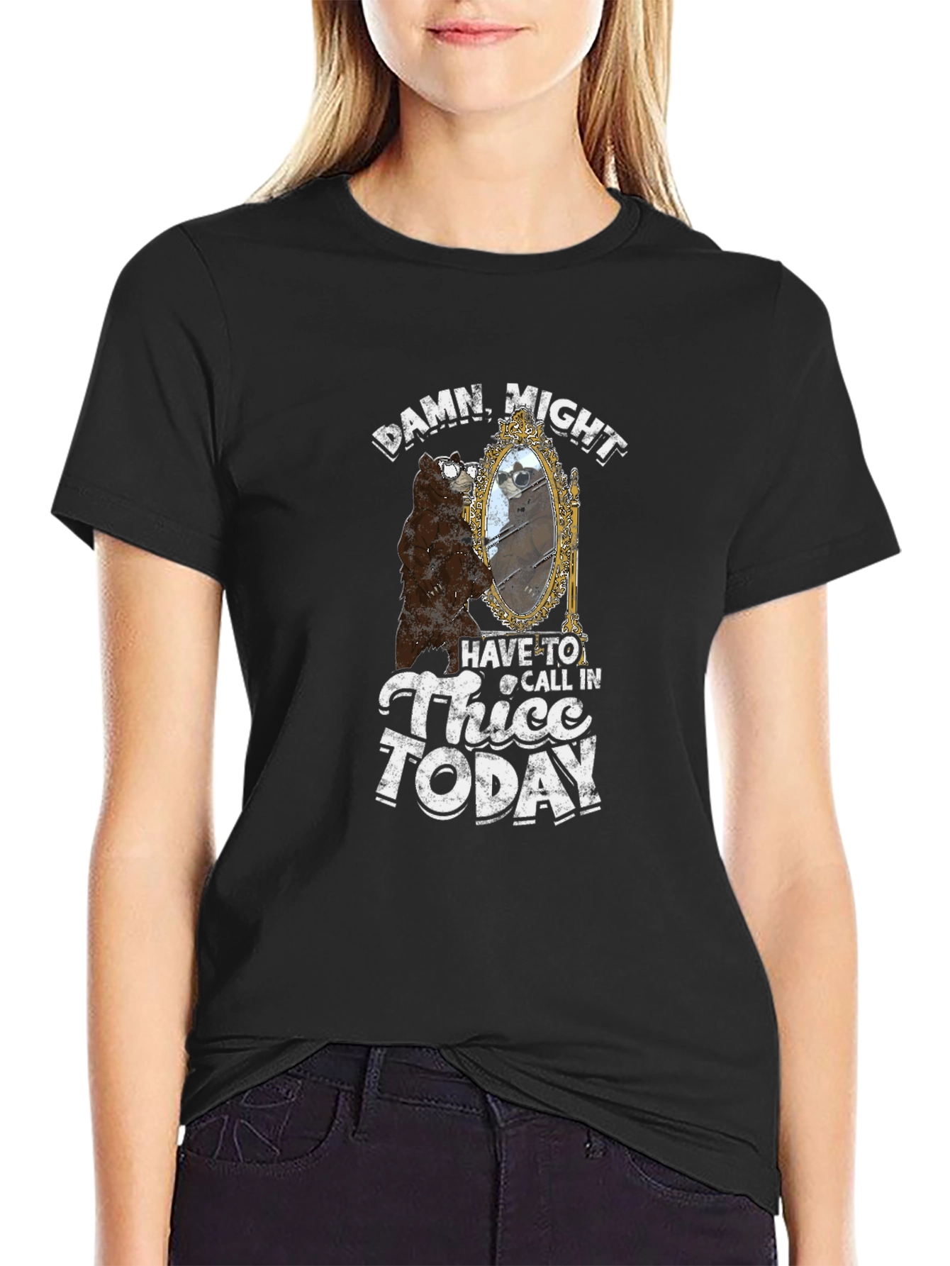 Black Thicc Bear Humor Graphic T-Shirt - Black view 2