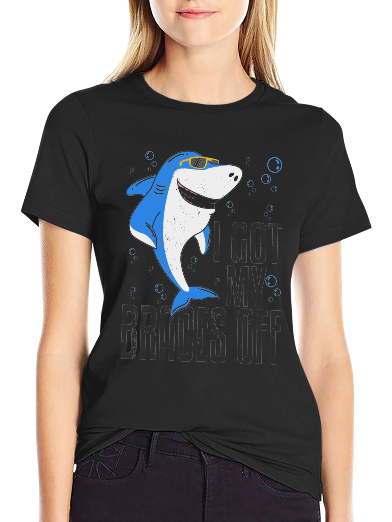 Black I Got My Braces Off Shark Tee view 2