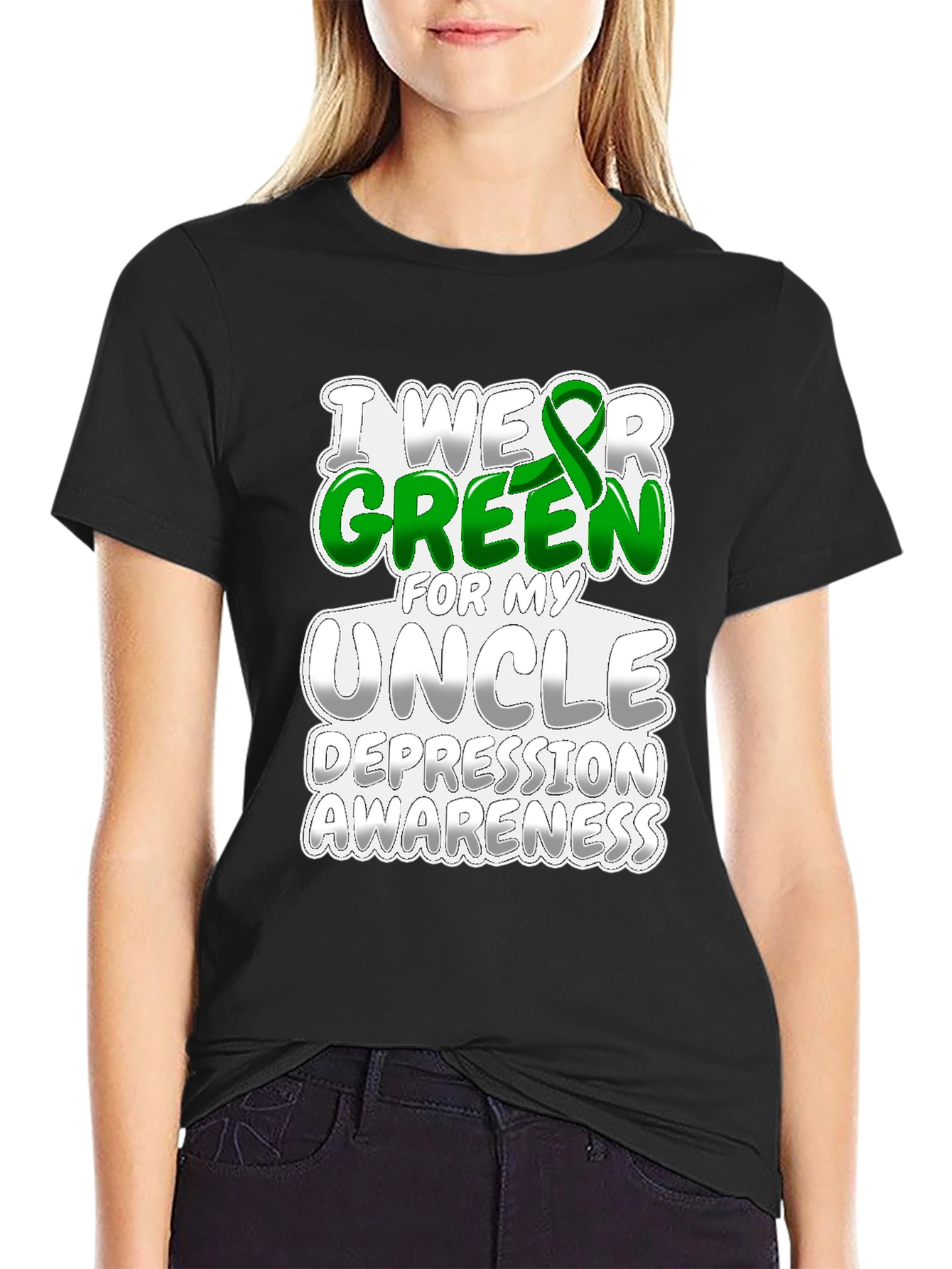 Black I Wear Green for My Uncle Depression Awareness T-Shirt view 2