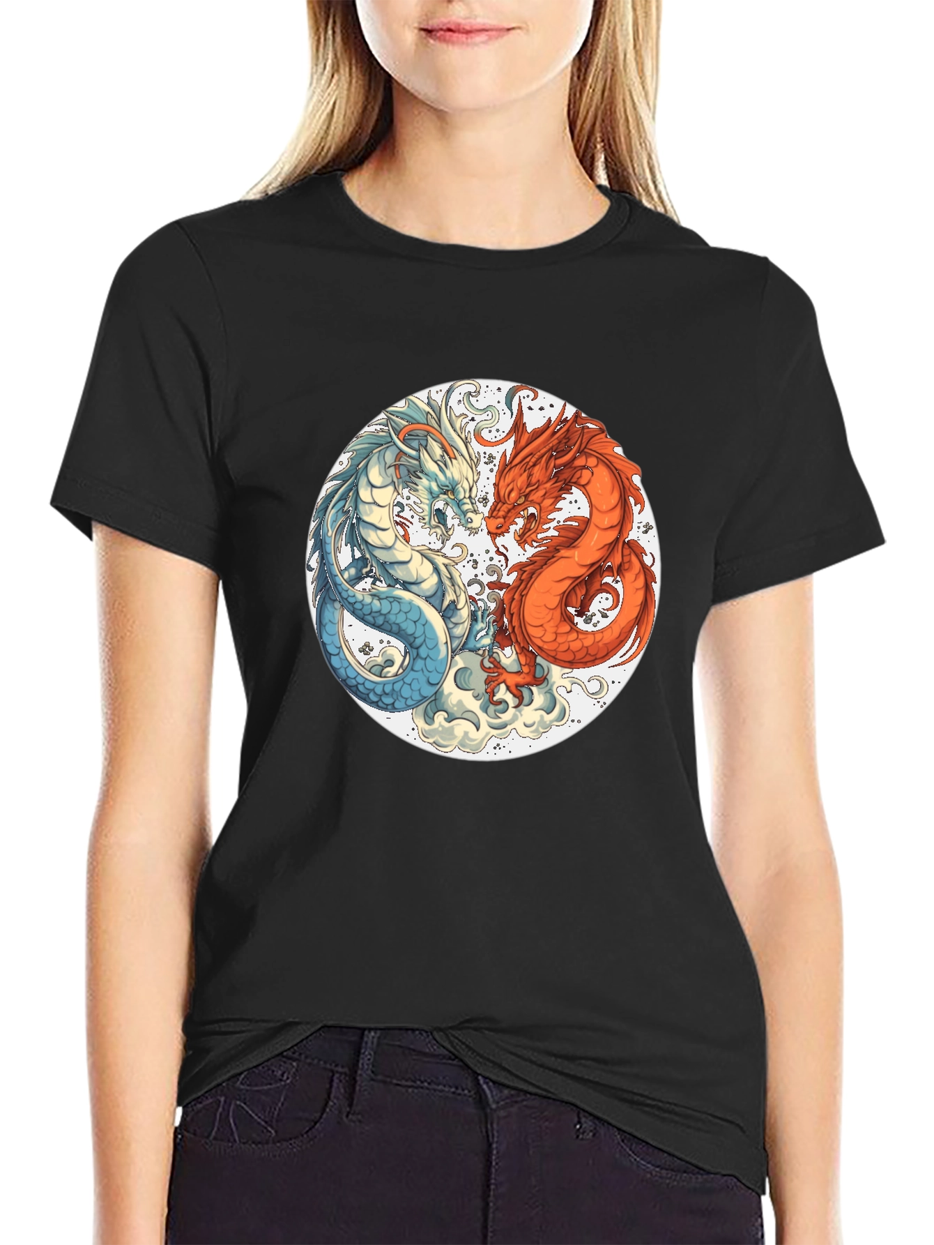 Black Yin Yang Dragons Graphic Tee - Black T-Shirt view 2