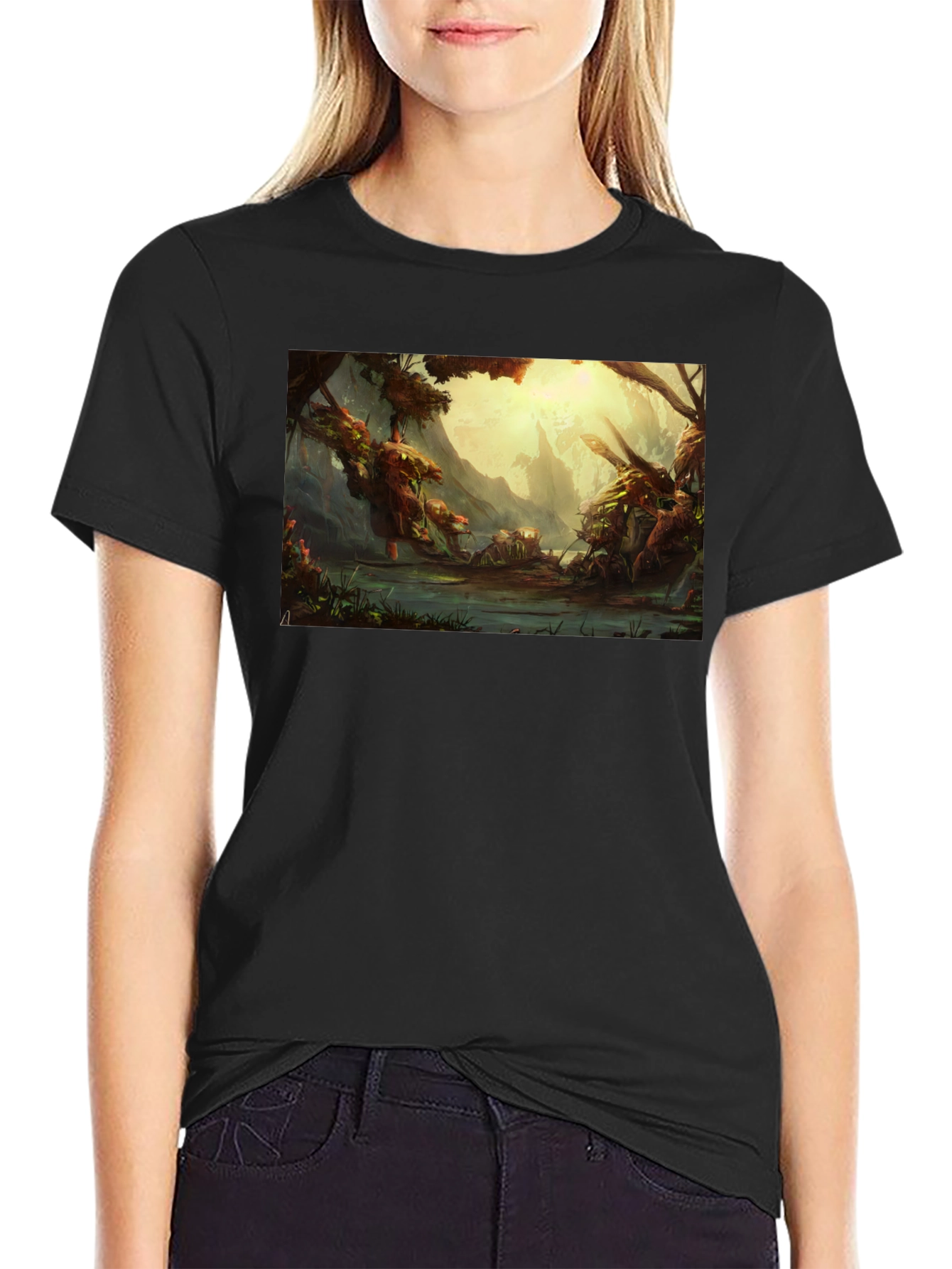 Black Fantasy Landscape Graphic Tee - Soft Cotton Black T-Shirt view 2