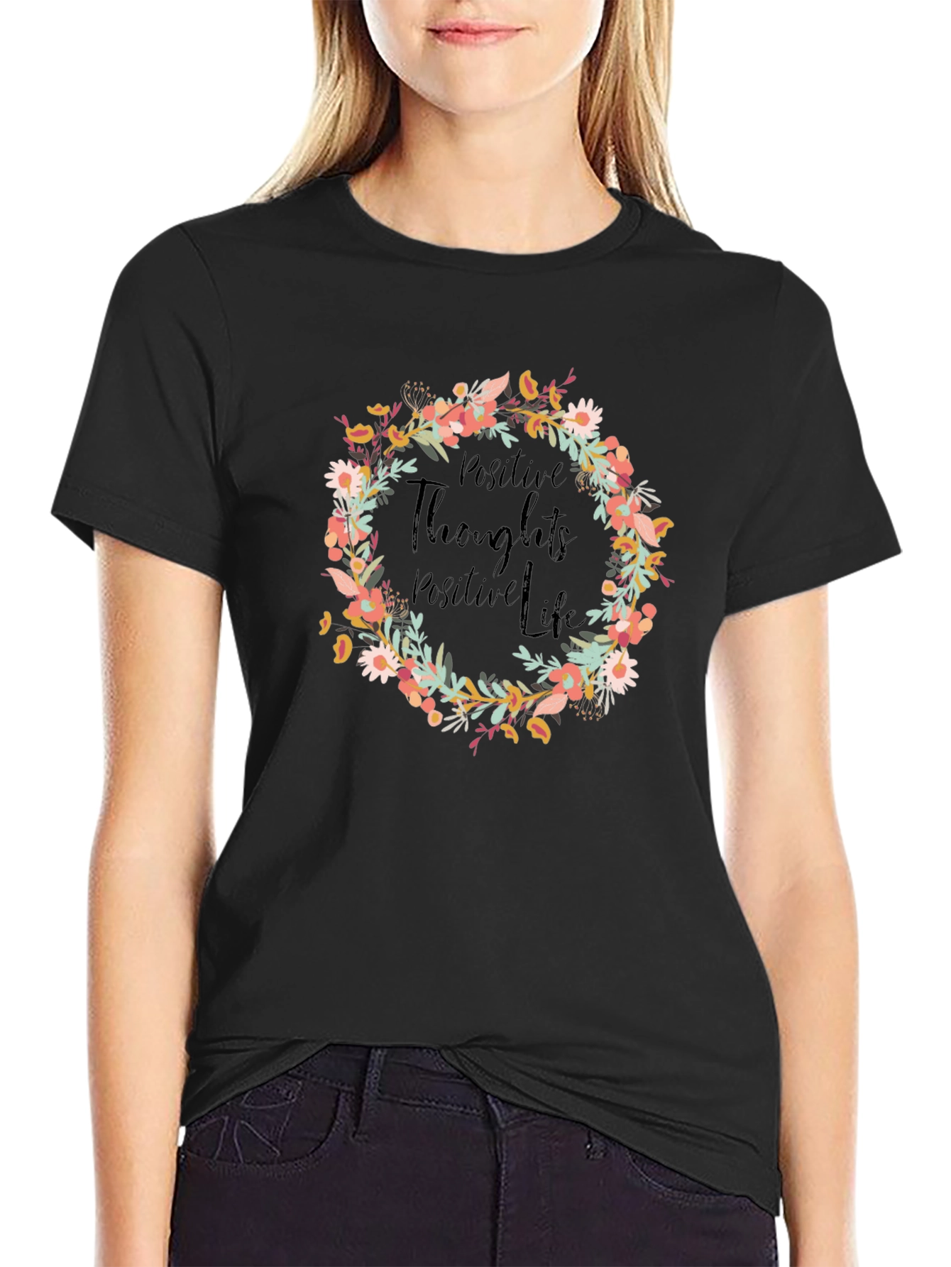 Black Positive Thoughts Floral Wreath Graphic Tee view 2