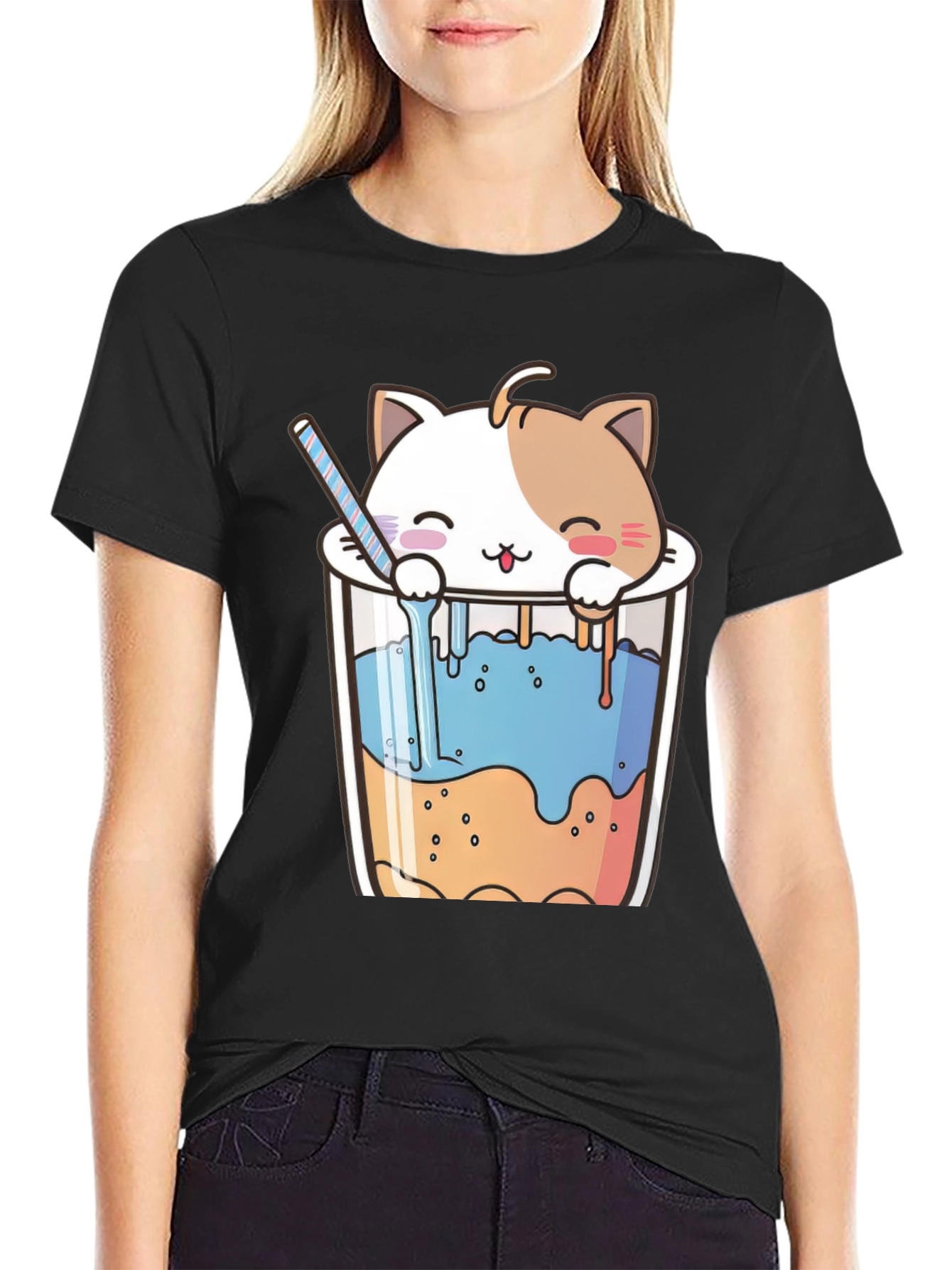 Black Cute Cat Bubble Tea Black T-Shirt view 2