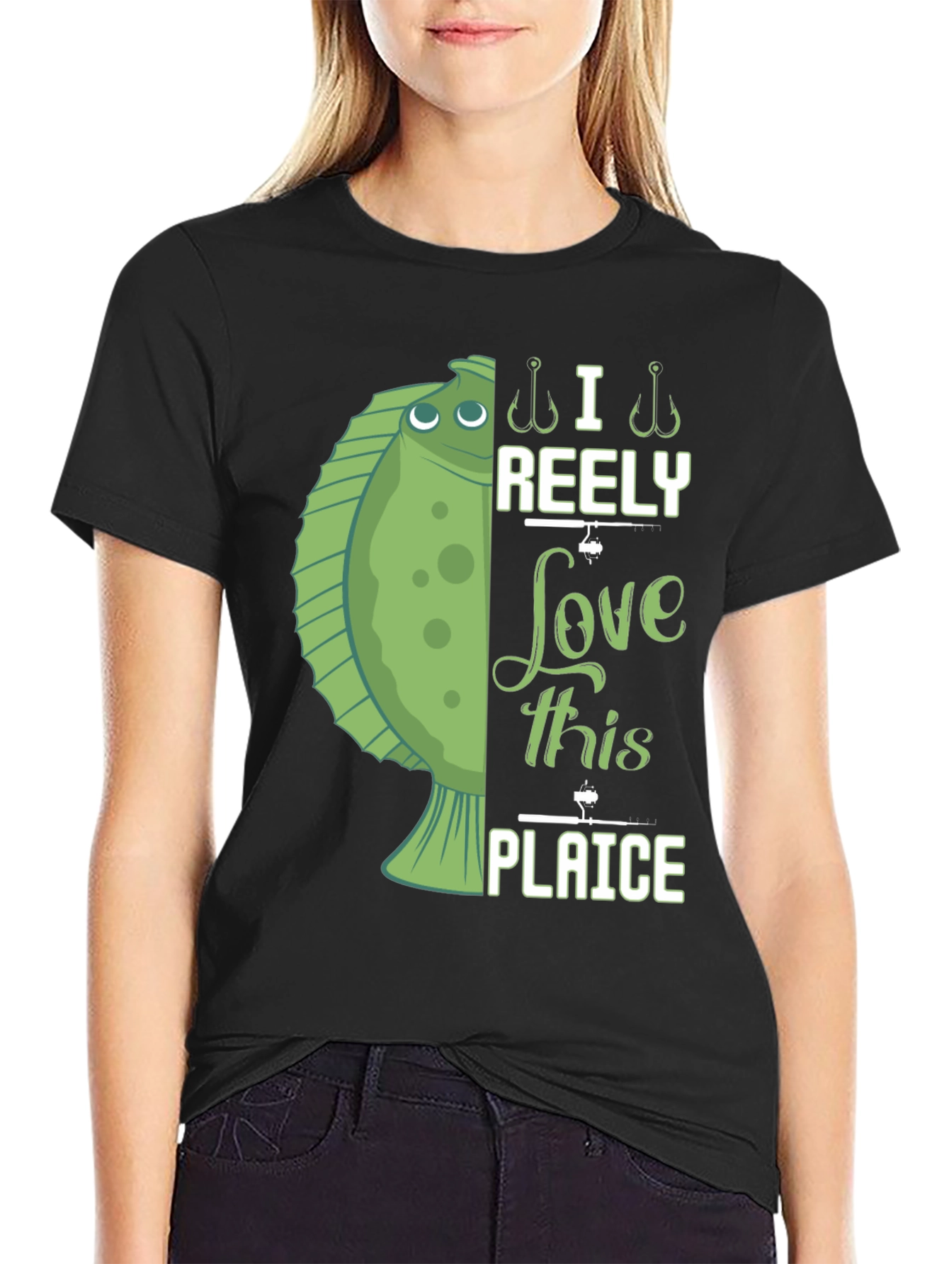 Black Funny Fishing T-Shirt - I Reely Love This Plaice view 2