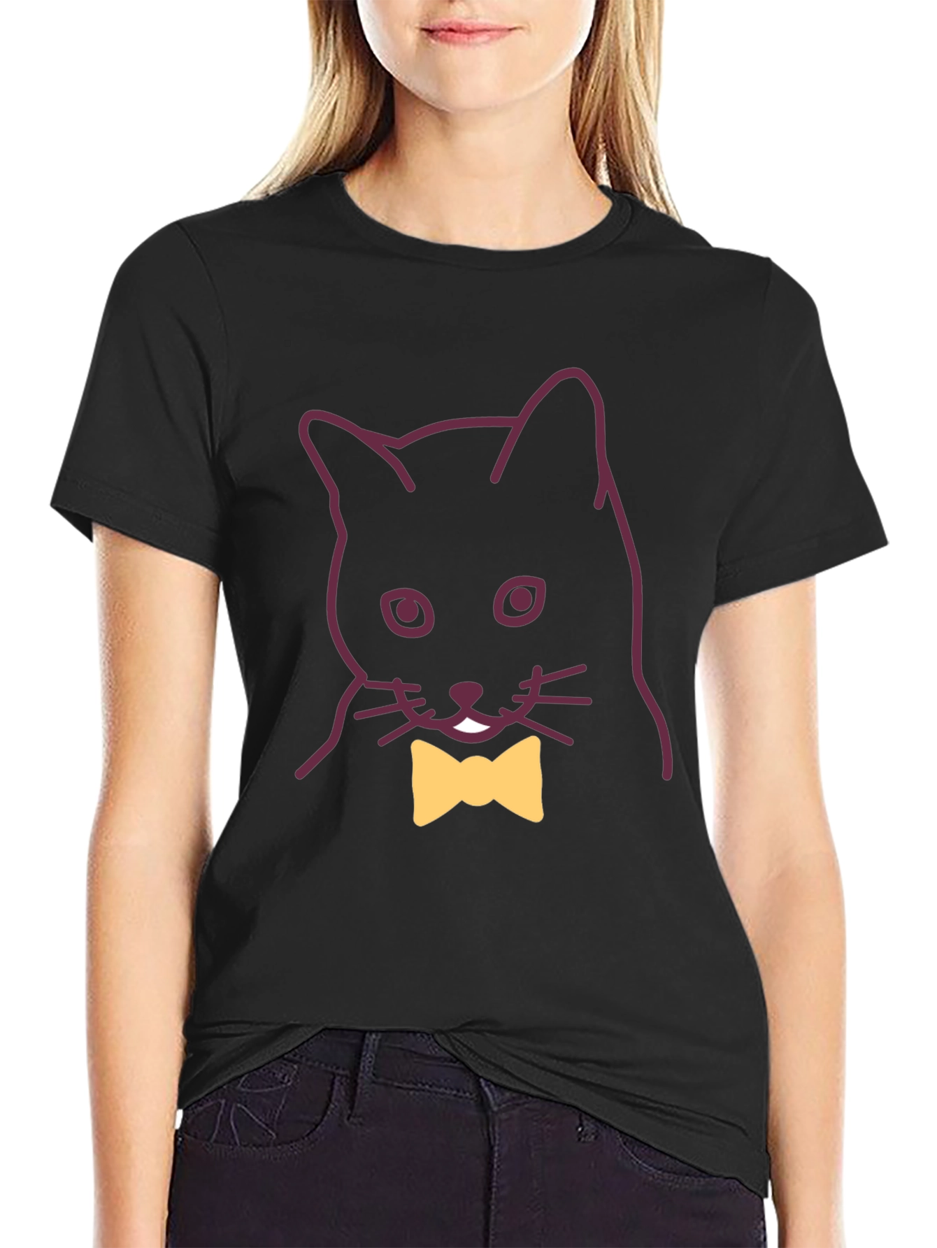 Black Classy Cat Tee - Black Cotton T-Shirt with Bowtie view 2