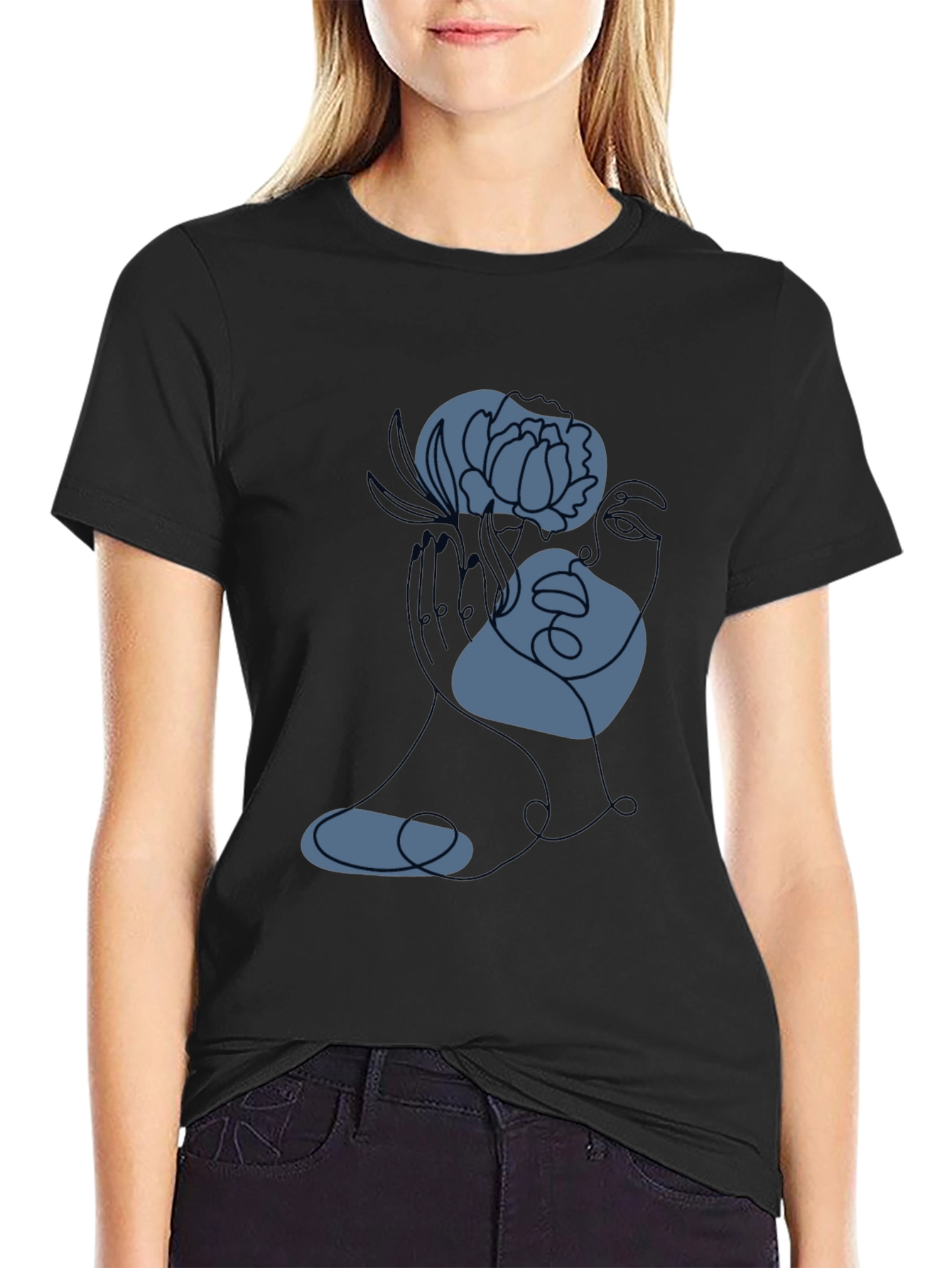 Black Abstract Floral Line Art Tee - Modern Graphic T-Shirt view 2