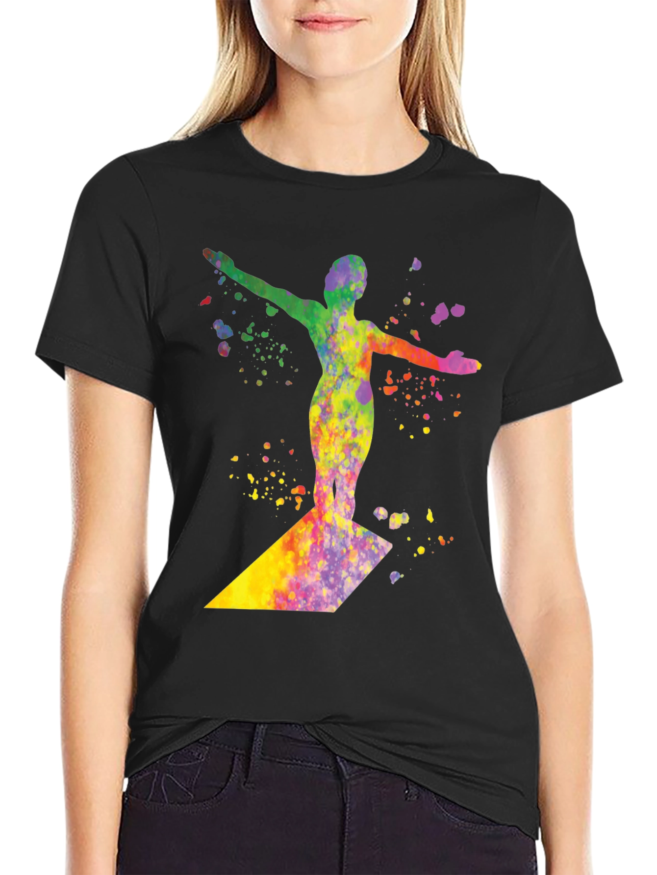 Black Watercolor Surfer Graphic Tee - Black Cotton T-Shirt view 2