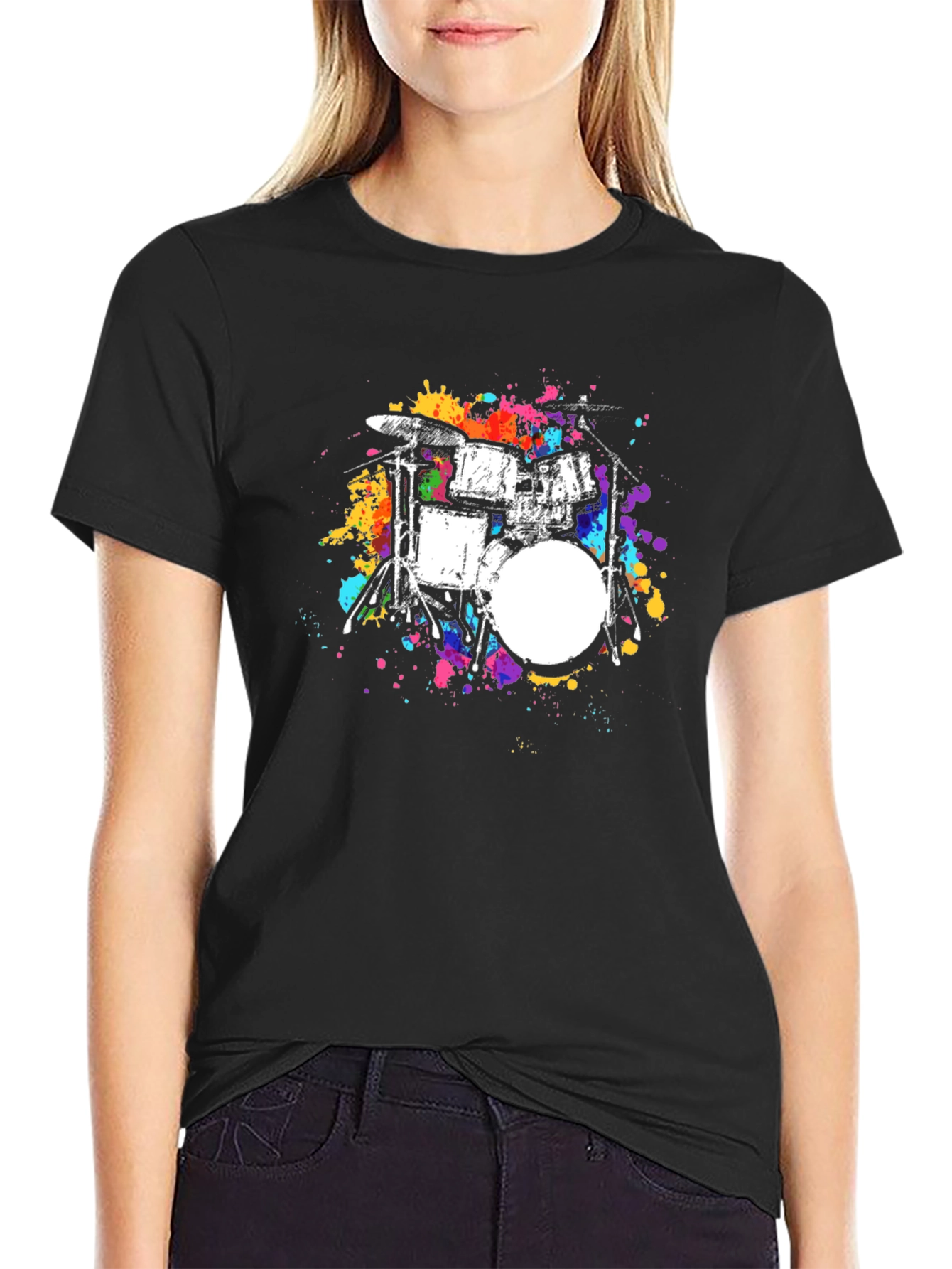 Black Abstract Drum Set Graphic Tee - Black Cotton Blend view 2