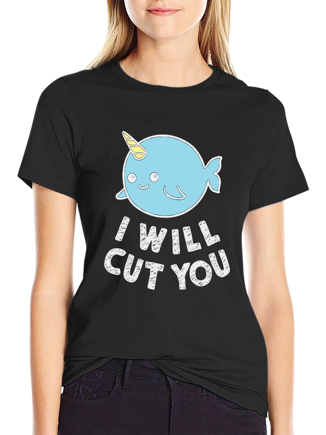 Black Funny Narwhal 'I Will Cut You' Black T-Shirt view 2