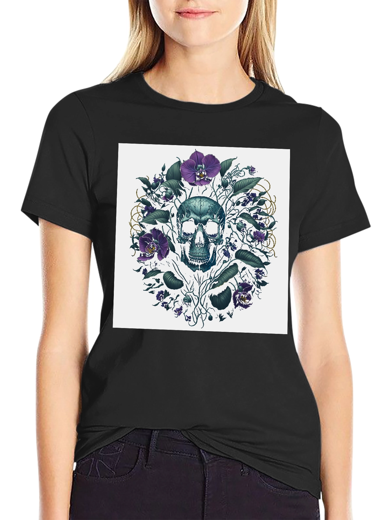 Black Skull Floral T-Shirt - Artistic Death Graphic Tee view 2