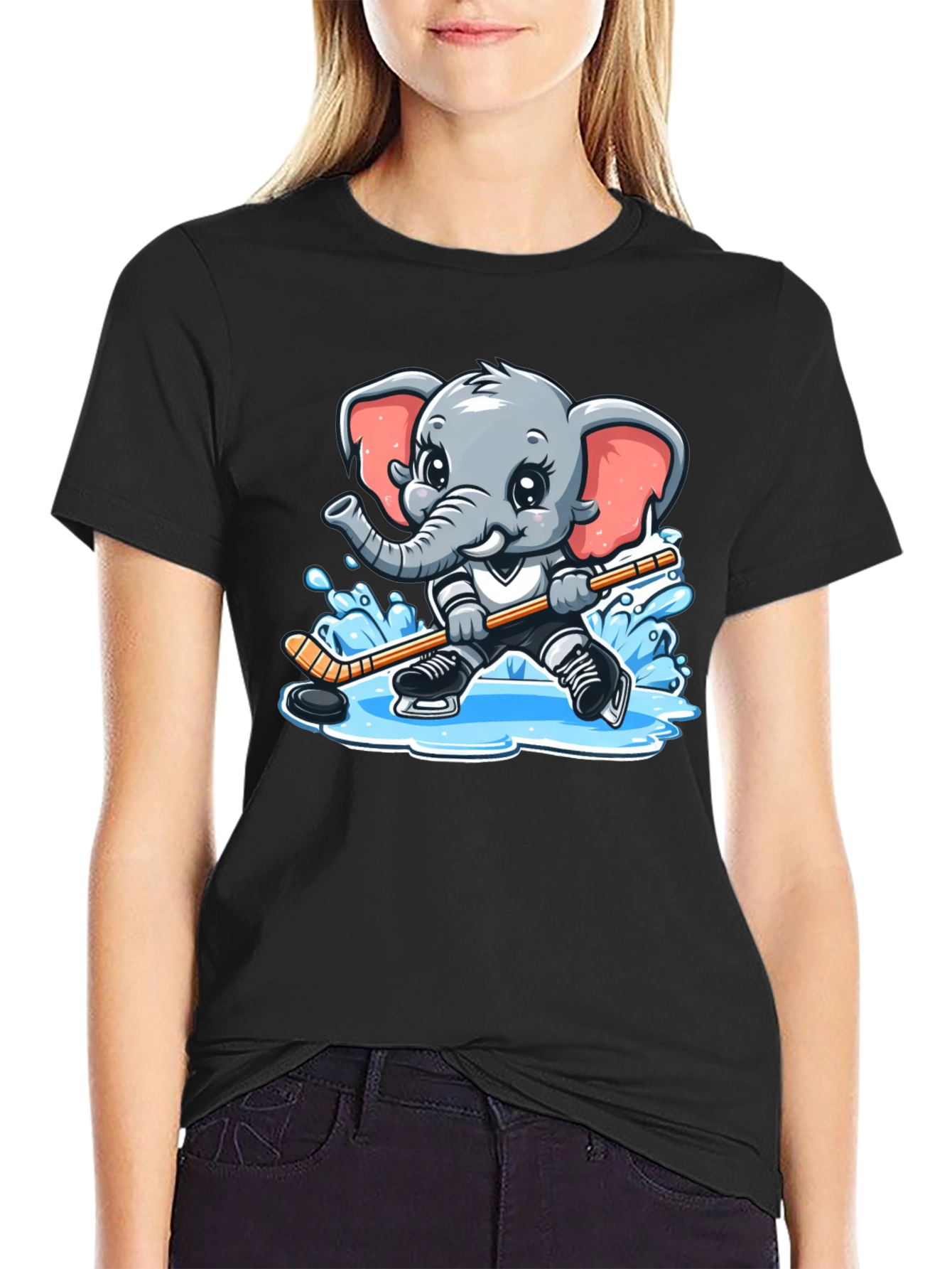 Black Cartoon Elephant Hockey Player Graphic Tee view 2