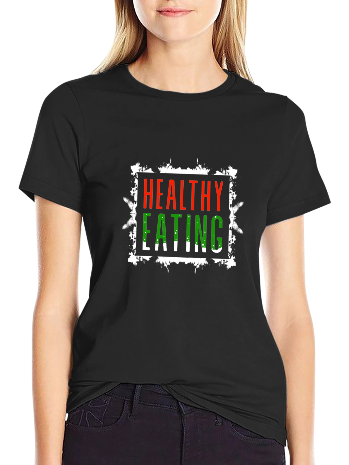 Black Healthy Eating Graphic Tee - Black Cotton T-Shirt view 2