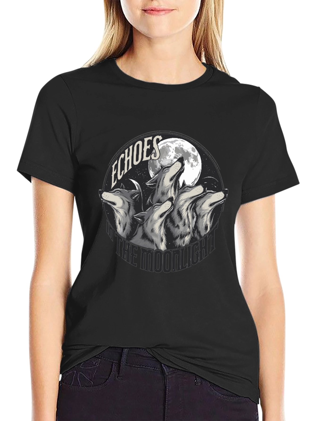 Black Echoes in the Moonlight Wolves Graphic T-Shirt view 2