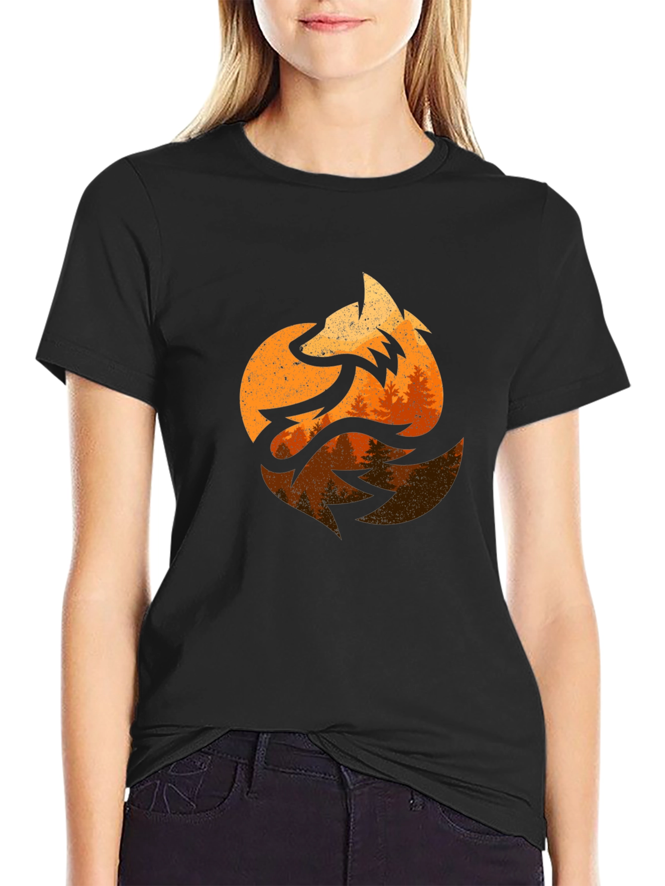 Black Fox & Forest Graphic Print Tee - Nature Inspired Design view 2