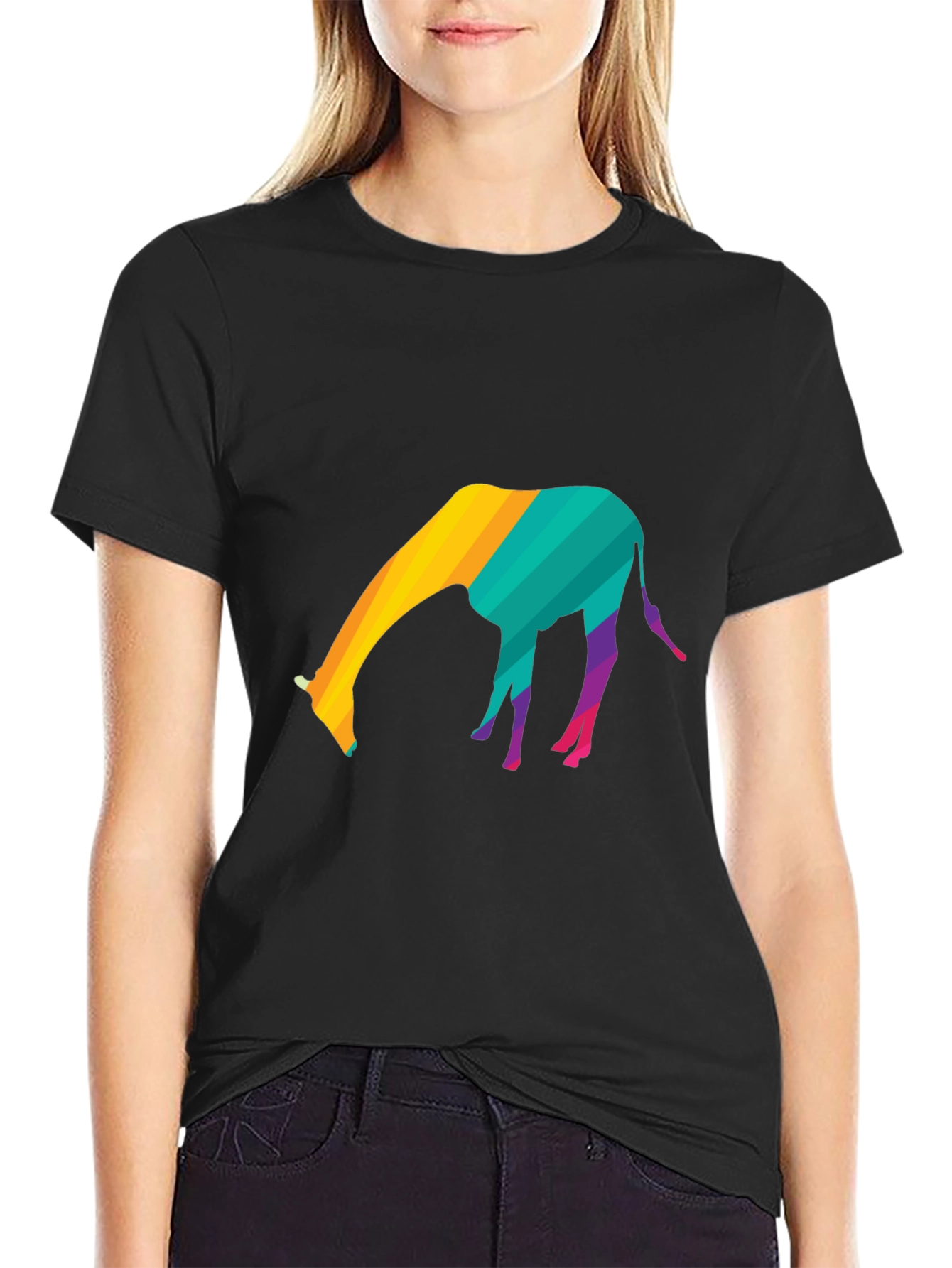 Black Colorful Giraffe Graphic T-Shirt - Black view 2