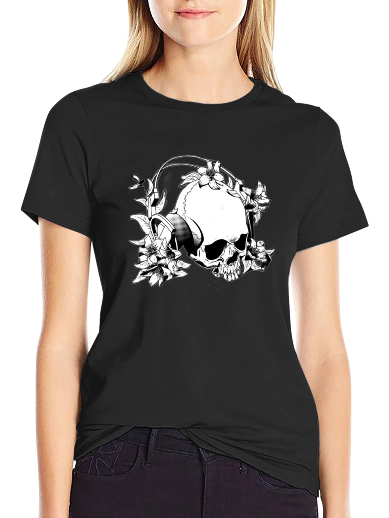 Black Skull & Flowers Graphic T-Shirt - Black view 2
