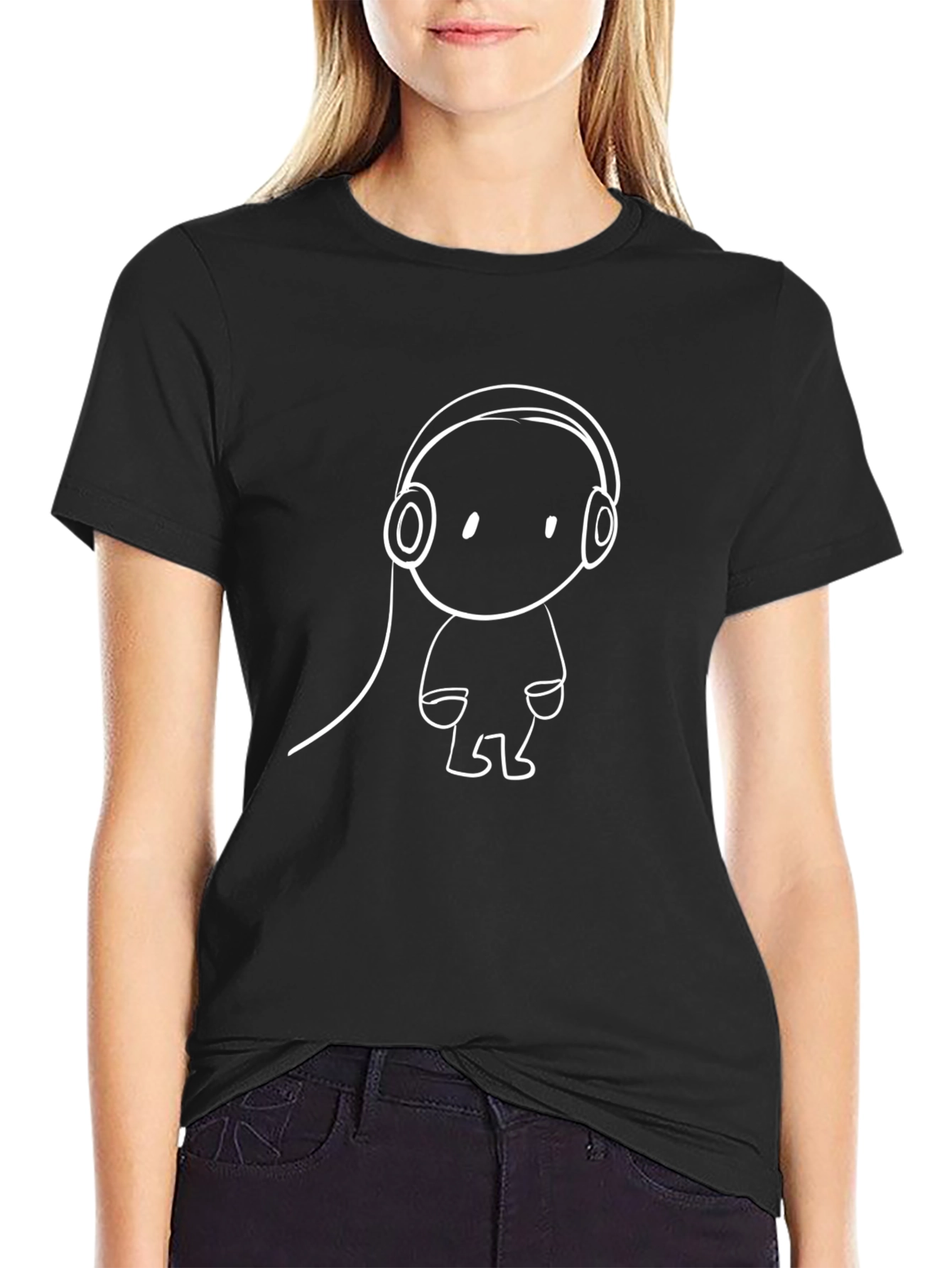 Black Cool Black T-Shirt with Cartoon Headphones Design view 2