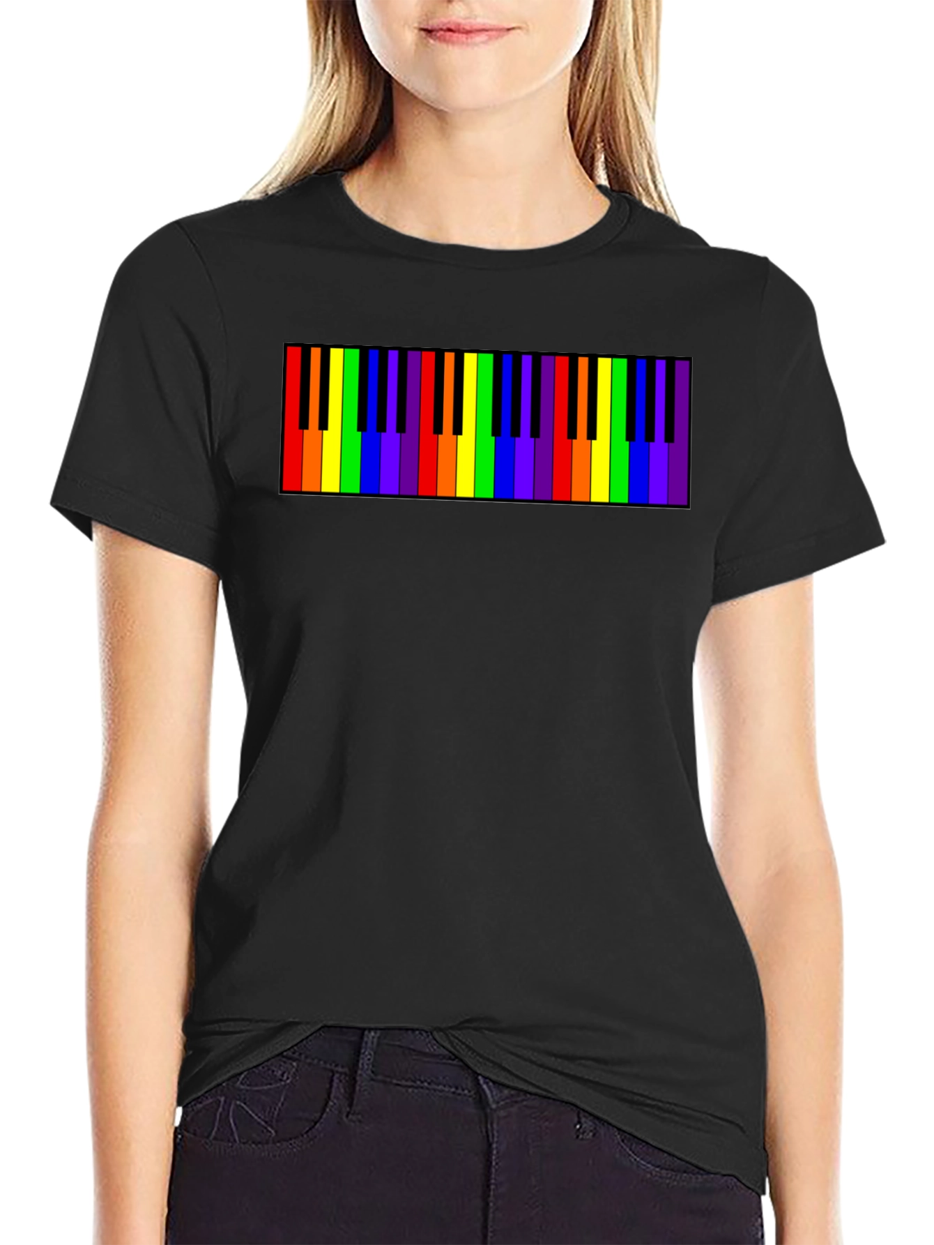 Black Rainbow Piano Keys Graphic Tee - Black Cotton T-Shirt view 2