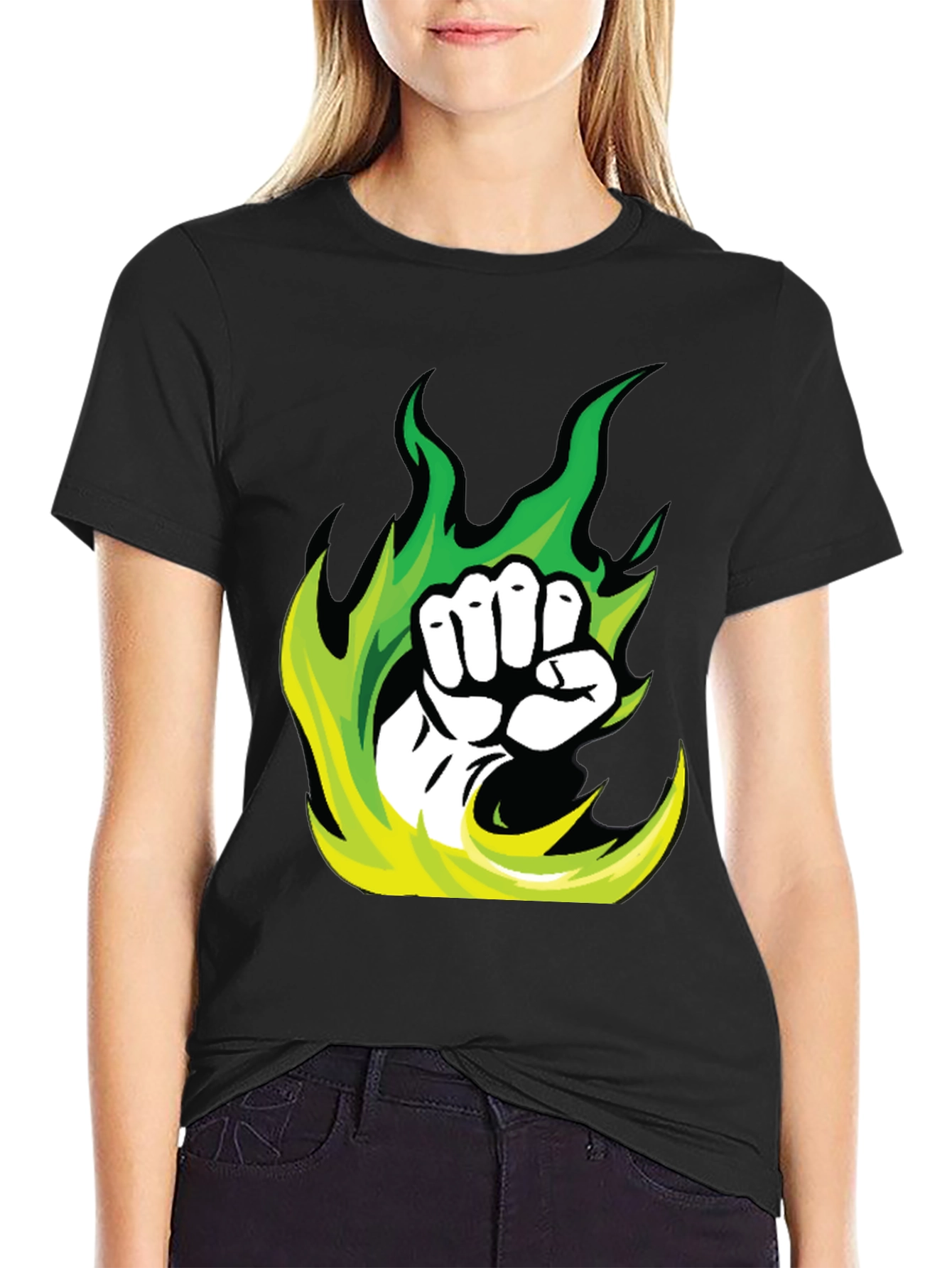 Black Fiery Fist Graphic Tee - Black Cotton Blend T-Shirt view 2