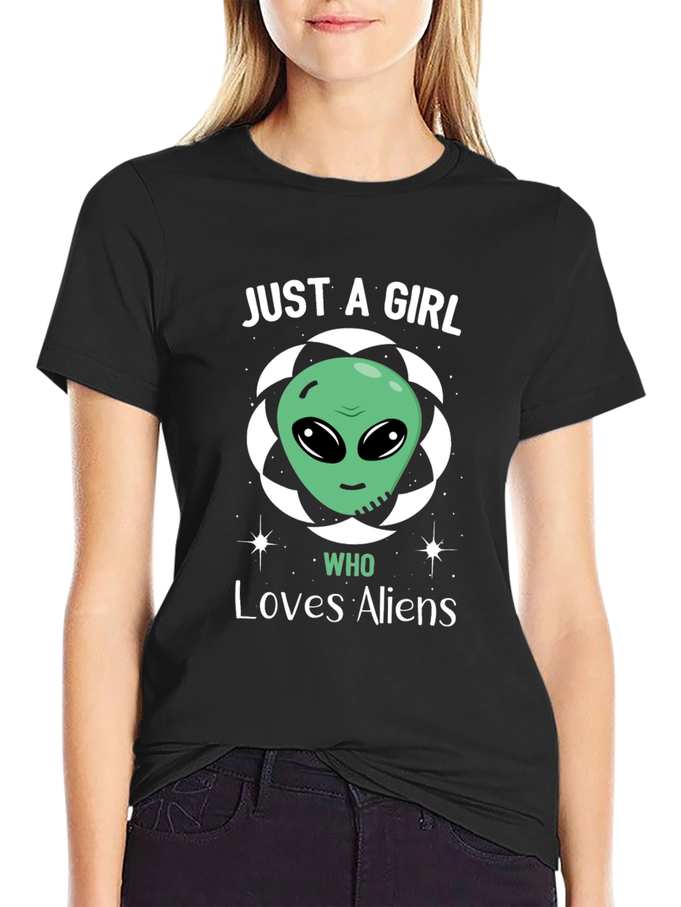 Black Alien Lover T-Shirt - Just A Girl Who Loves Aliens Tee view 2